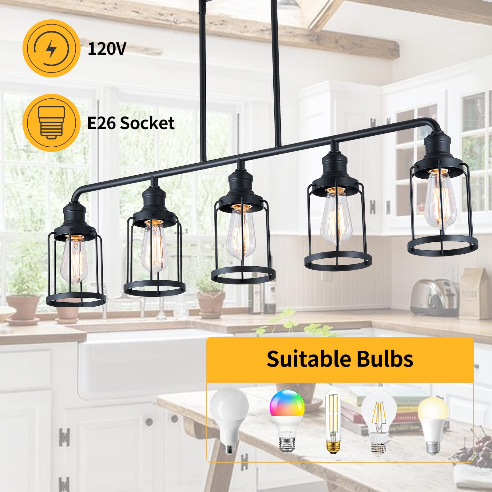 5-Light Black Metal Linear Pendant Light Fixture for Kitchen Island, Dining Room & Living Room - Modern Cage Style Lighting for Home Decor & Interior Design