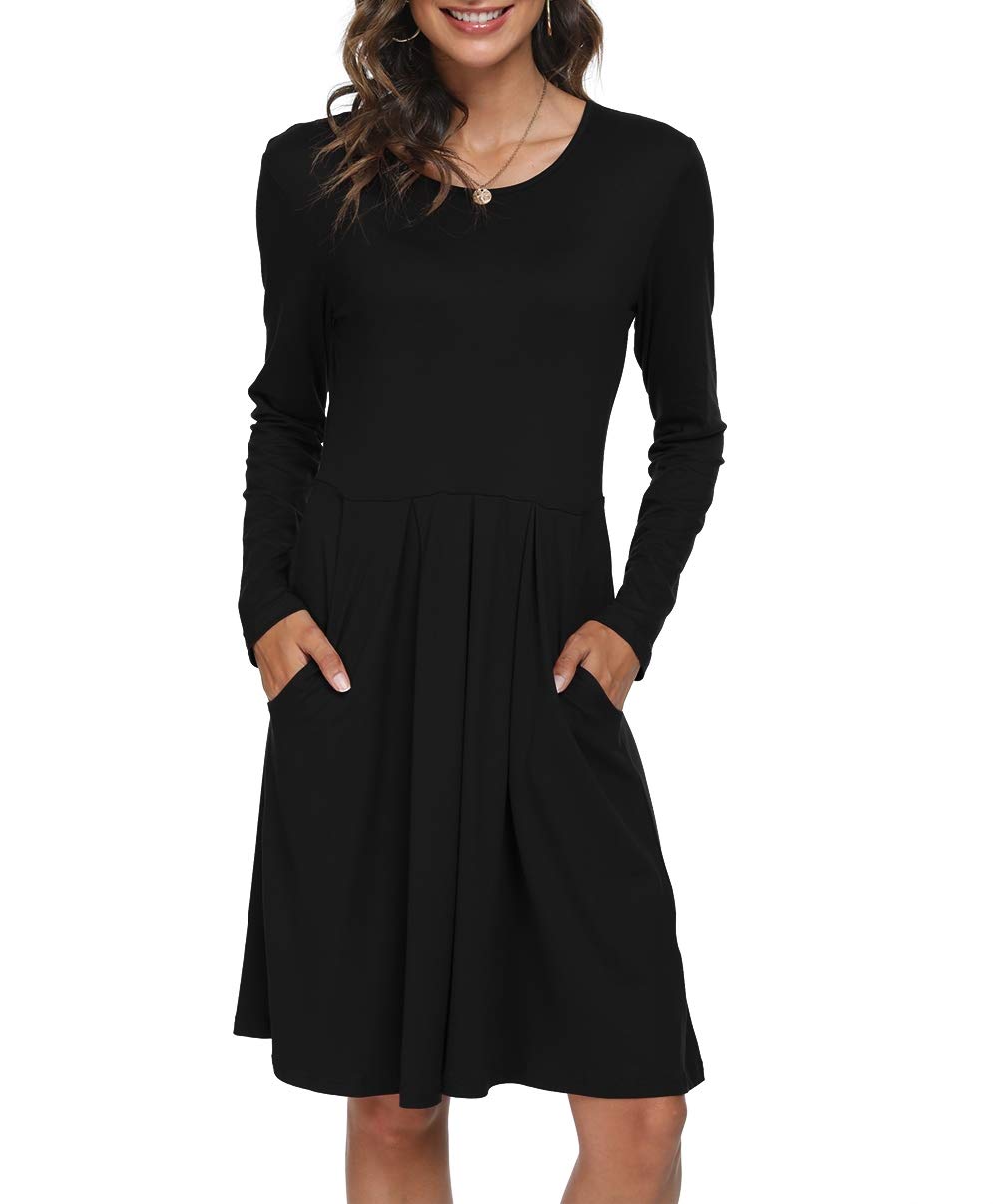 DouBCQ Women's Casual Long Sleeve Flowy Pleated Fall Dresses with Pockets - Elegant & Comfortable for Work, Date Night & Autumn Outfits