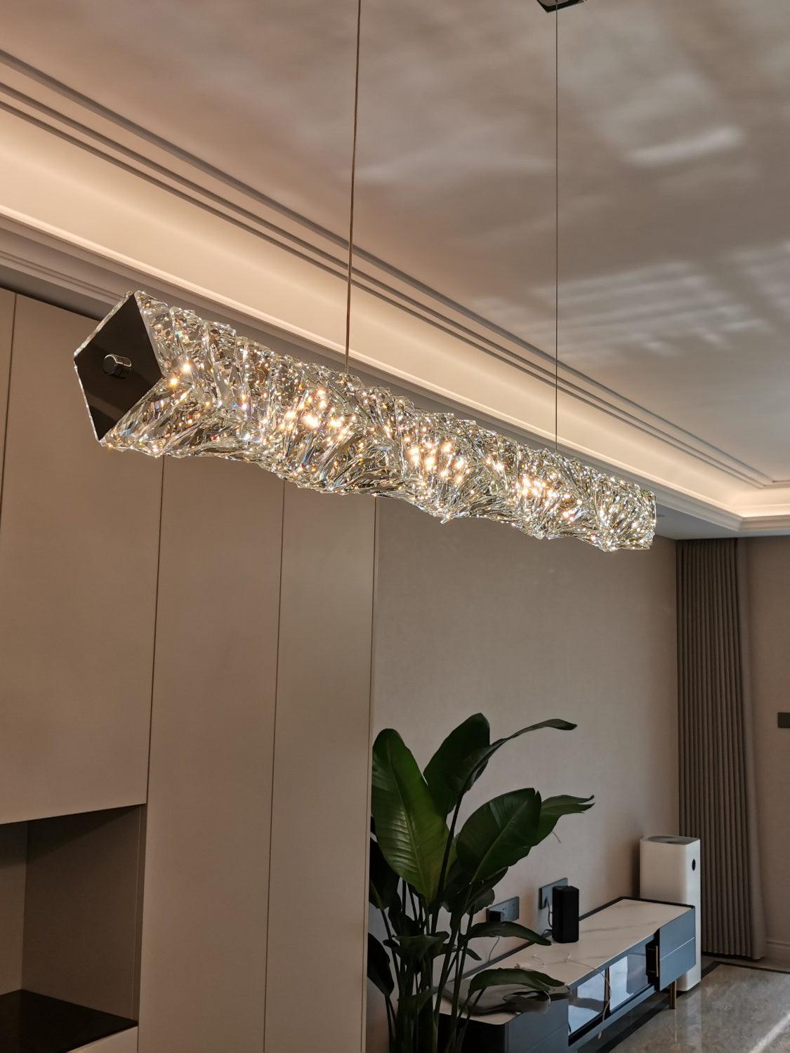 Elegant Long Crystal Pendant Light - Modern Chandelier for Dining Room, Kitchen Island & Bedroom Lighting Decor