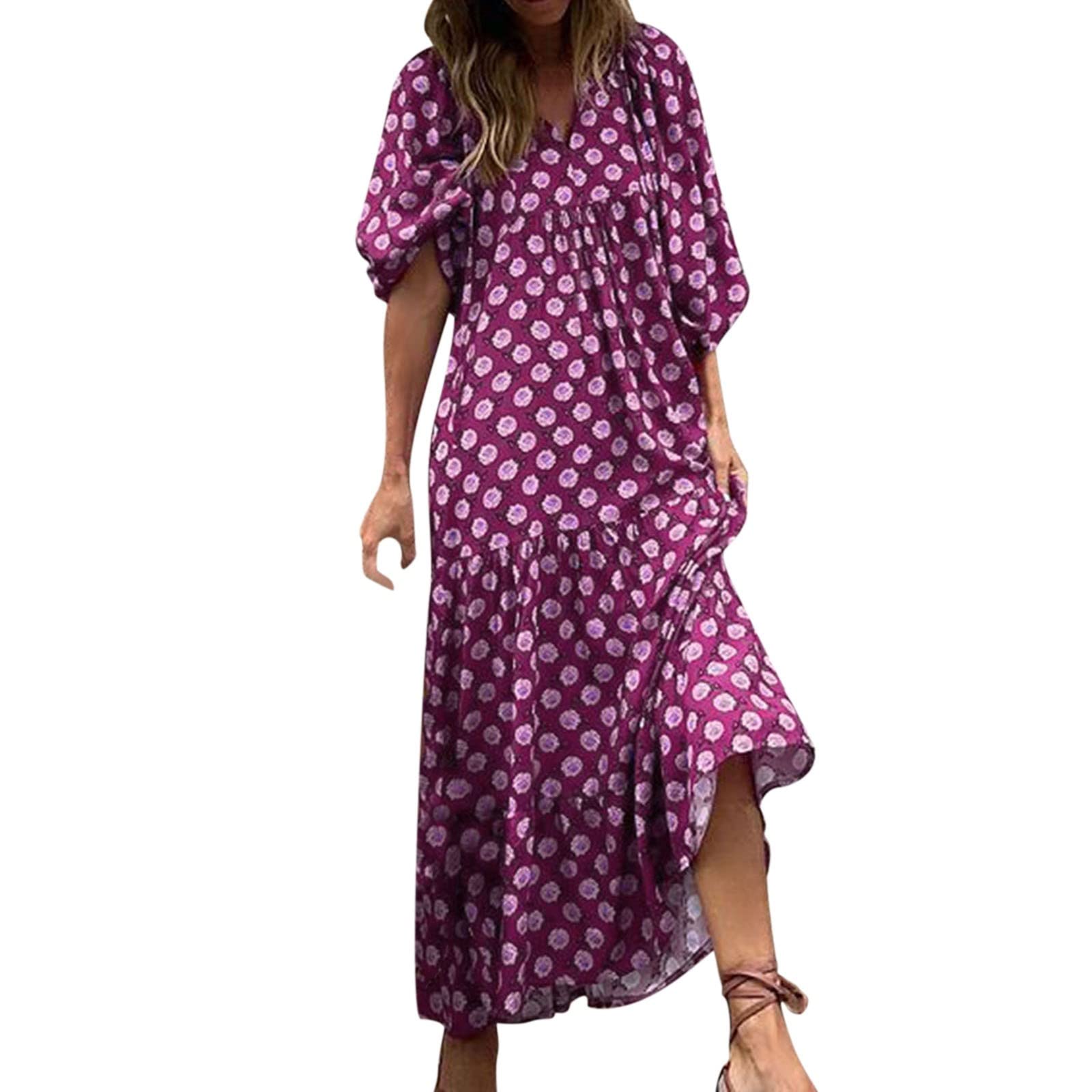 HHPP Women's Long Boho Print Spring Dress - Floral V-Neck Half Sleeve Sun Dress for Casual Outings & Beach Vacations