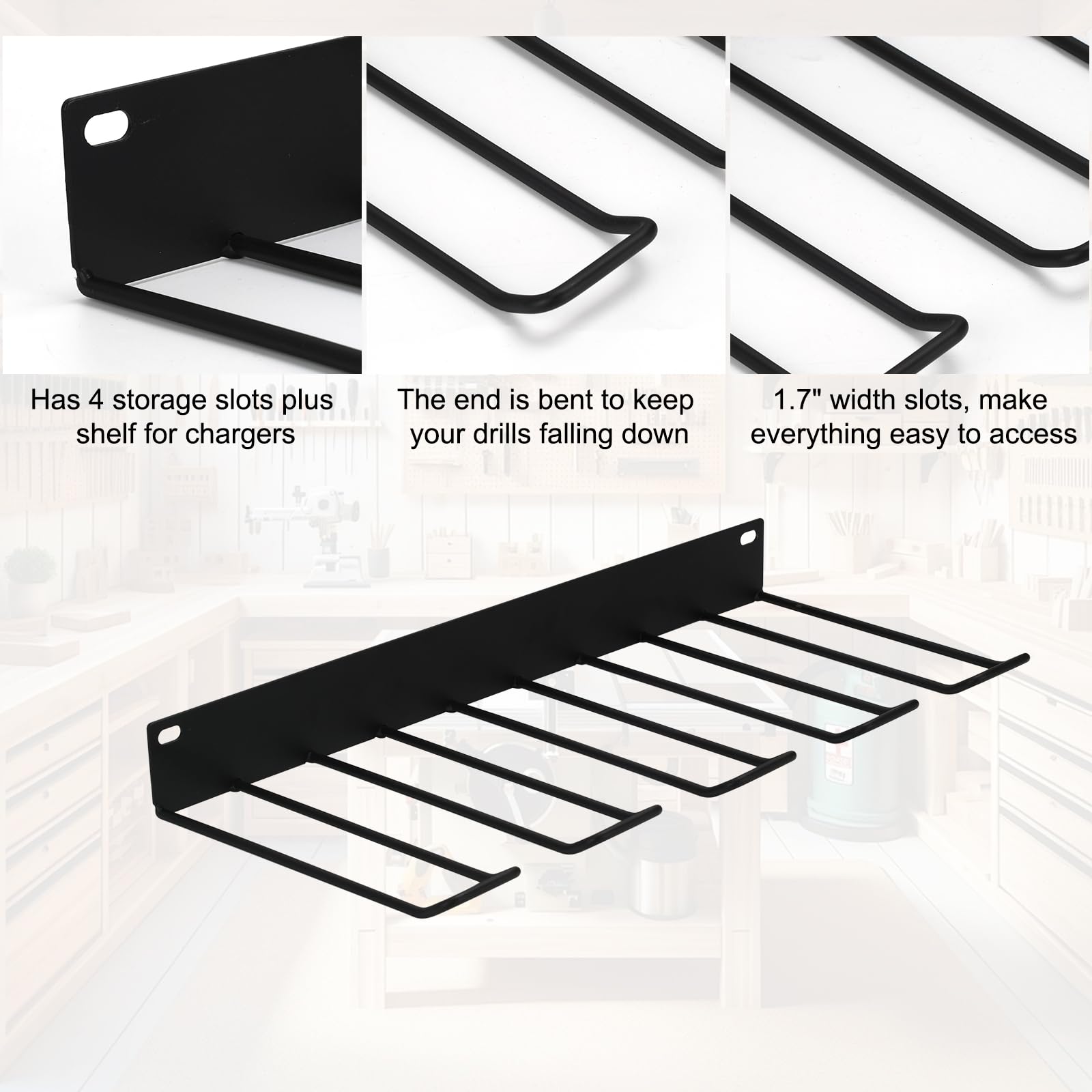 Heavy Duty Metal Power Tool Organizer Wall Mount with Charging Station - 2 Pack, Black | Drill Holder, 2 Shelves & 2 Tool Rails for Garage, Workshop & DIY Projects