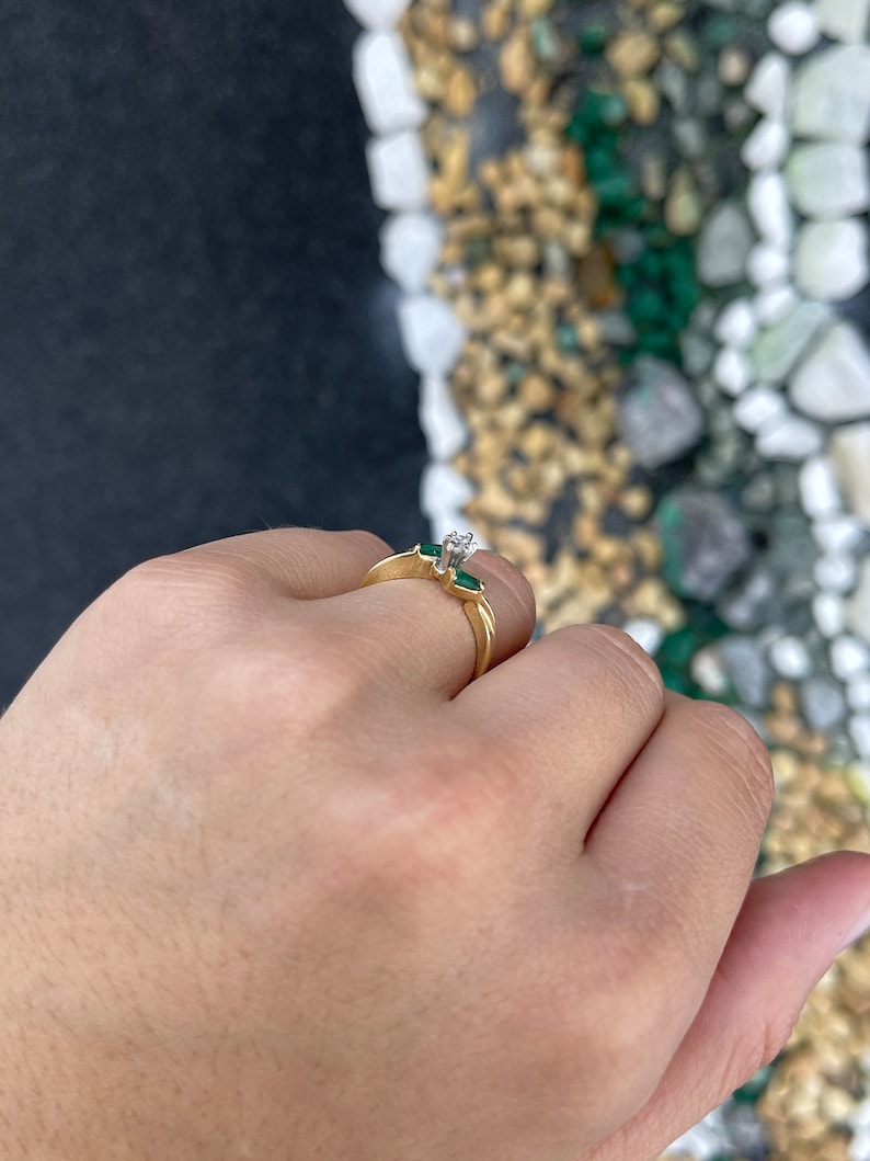 0.55tcw 14K Gold Marquise Cut Diamond & Emerald Synthetic Gemstone 3 Stone Stacking Ring for Women - Elegant Wedding, Anniversary, Party Jewelry Gift