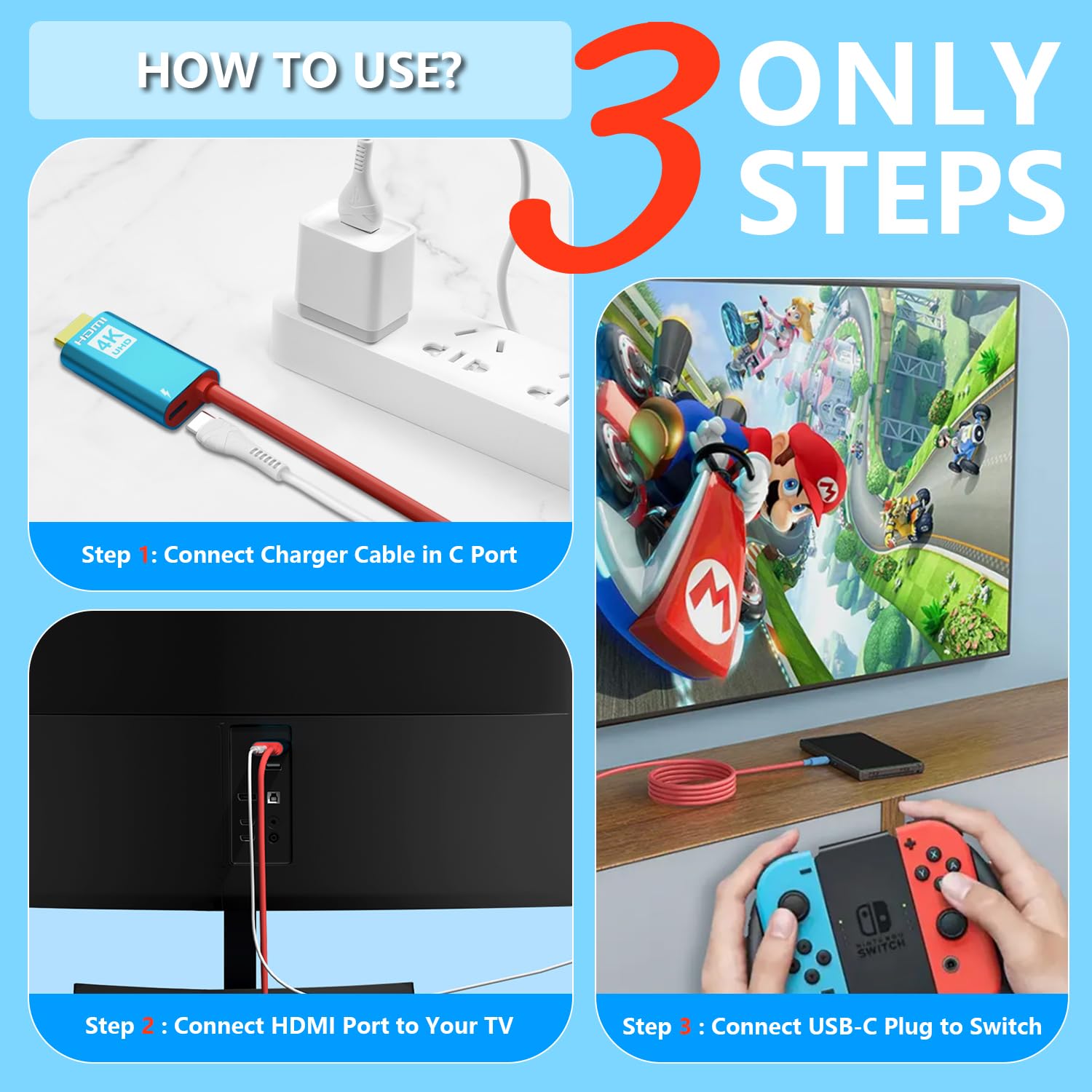 Nintendo Switch & OLED Dock - 4K USB C to HDMI Adapter Charger Cable (6.6FT/2M) for Portable Projector Screen, Laptop, iPhone 15, Samsung & Steam Deck | TV Docking Station Accessories | Perfect for Gaming, Travel & Home Entertainment