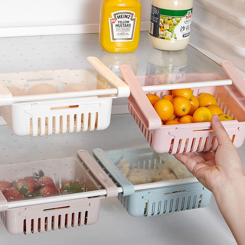 4 Pack Adjustable Refrigerator Drawer Organizers - Pull Out Storage Rack Box for Kitchen Shelves - Sliding Partition Fridge Hanging Organizer - Perfect for Fruits, Vegetables & Food Storage in Home Kitchen