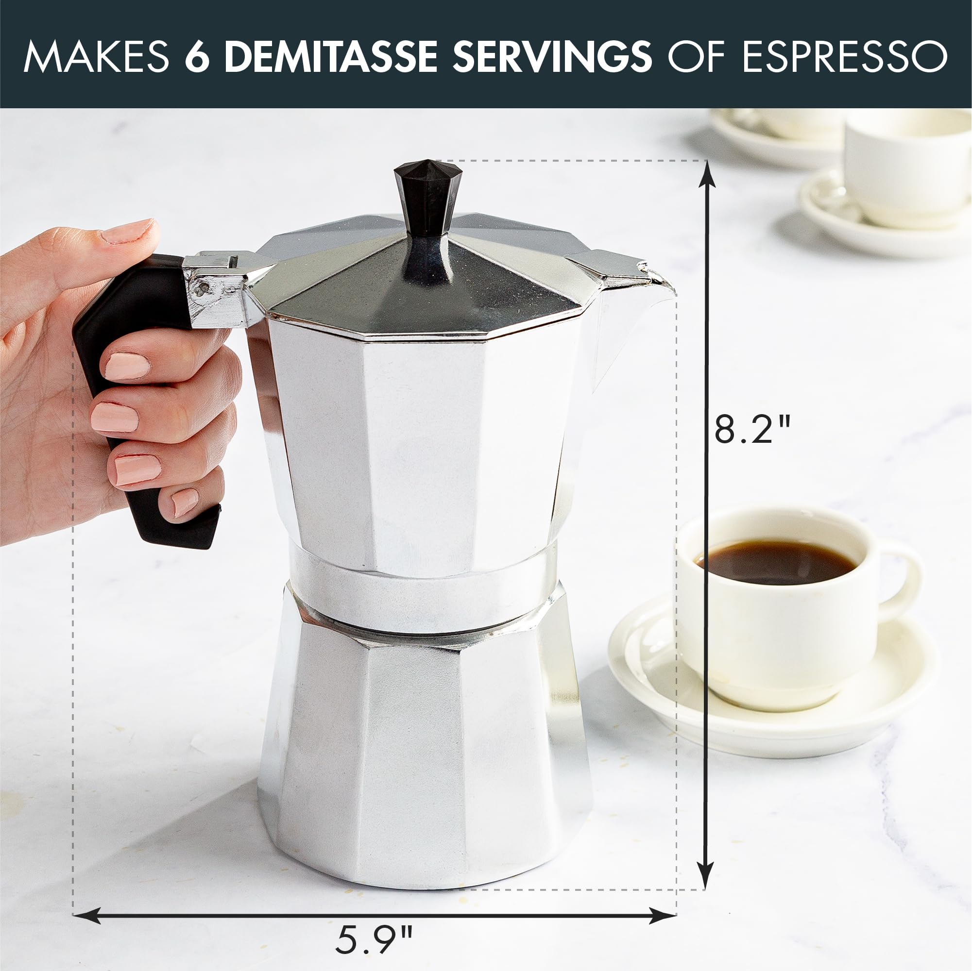 Primaria Classic Stovetop Espresso Maker - 6 Cup Italian Moka Pot for Authentic Cuban & Italian Coffee - Stainless Steel Stove Top Coffee Brewer for Home & Office Use