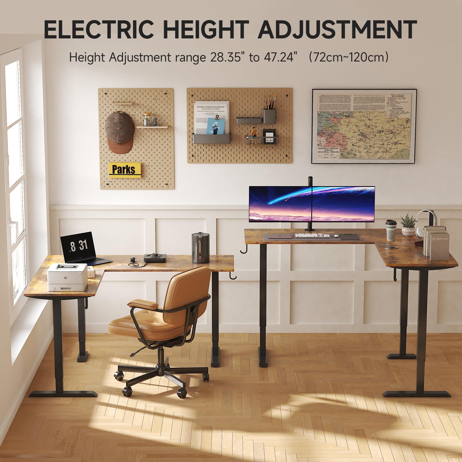 Mexin Electric Standing Desk - Adjustable Height L-Shaped 63x55 Inch Ergonomic Workstation | Motorized Sit Stand Desk for Home Office & Gaming | Rustic Brown Finish | Perfect for Remote Work, Video Conferencing & Workspace Organization