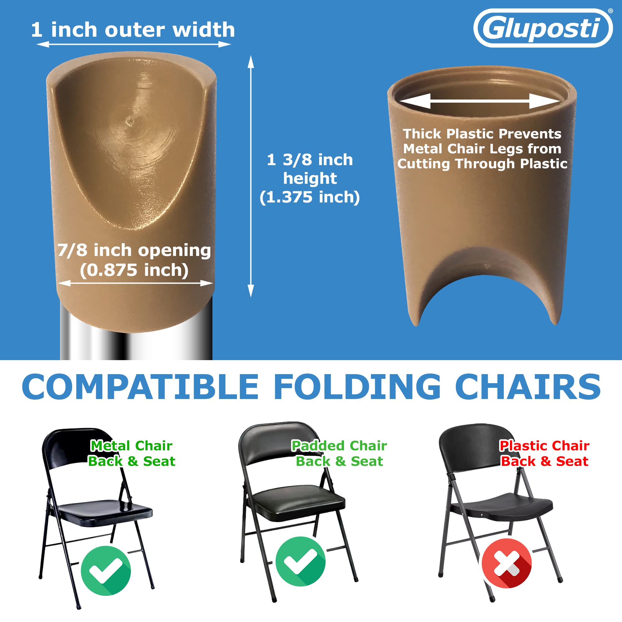 8 Pack Beige Folding Chair Leg Caps - 7/8 Inch Inner Diameter Heavy Duty Nylon V-Tip Stabilizer Plugs, Non-Scratch Round Top Protectors for Metal & Padded Chairs - Perfect for Banquet Halls, Outdoor Events & Home Use
