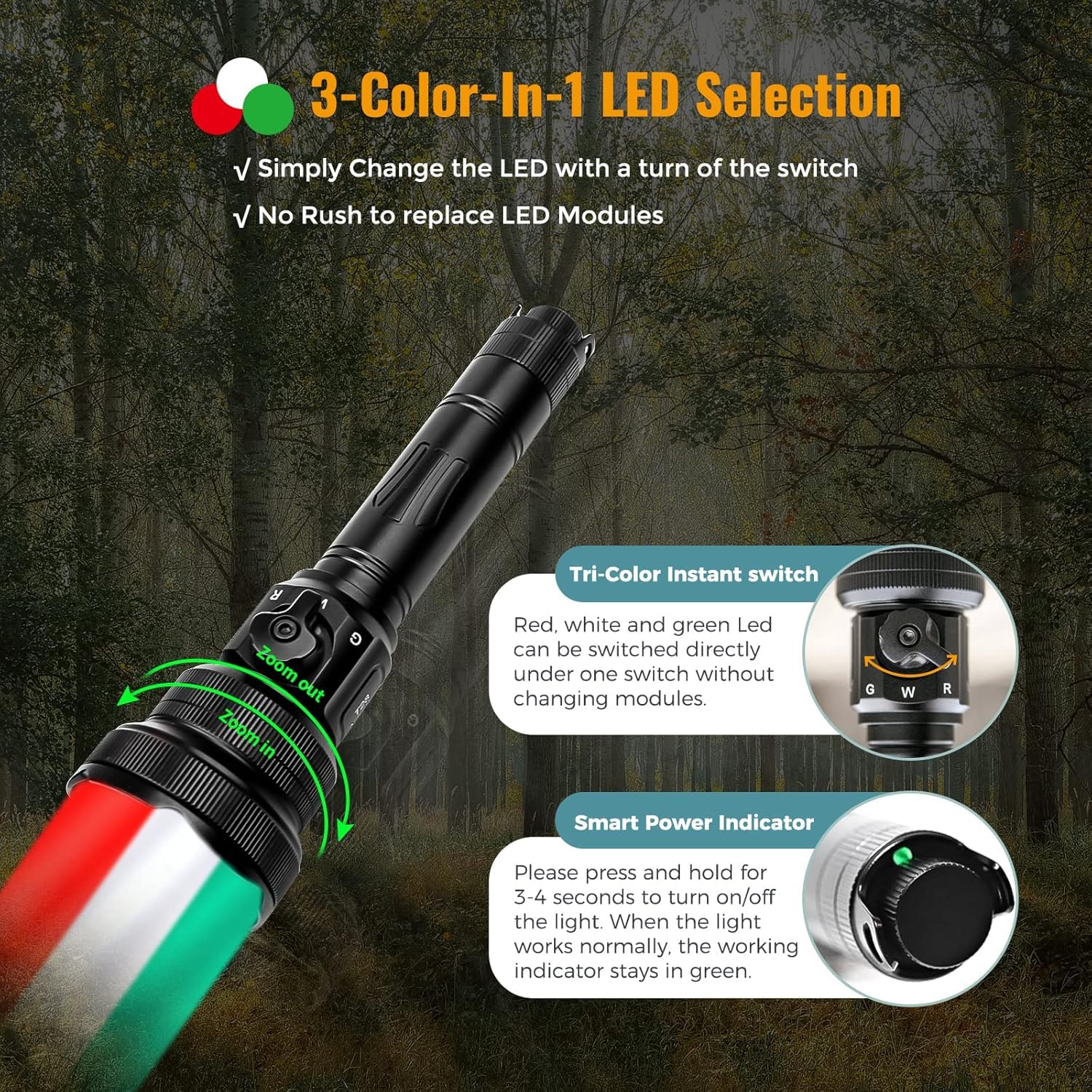 Brinyte T28 LED Zoomable Hunting Flashlight - 3 in 1 Color (Red, Green, White) with Pressure Switch Mount, IPX6 Waterproof for Hog, Coon & Coyote Hunting - Perfect for Night Hunting, Camping and Outdoor Adventures