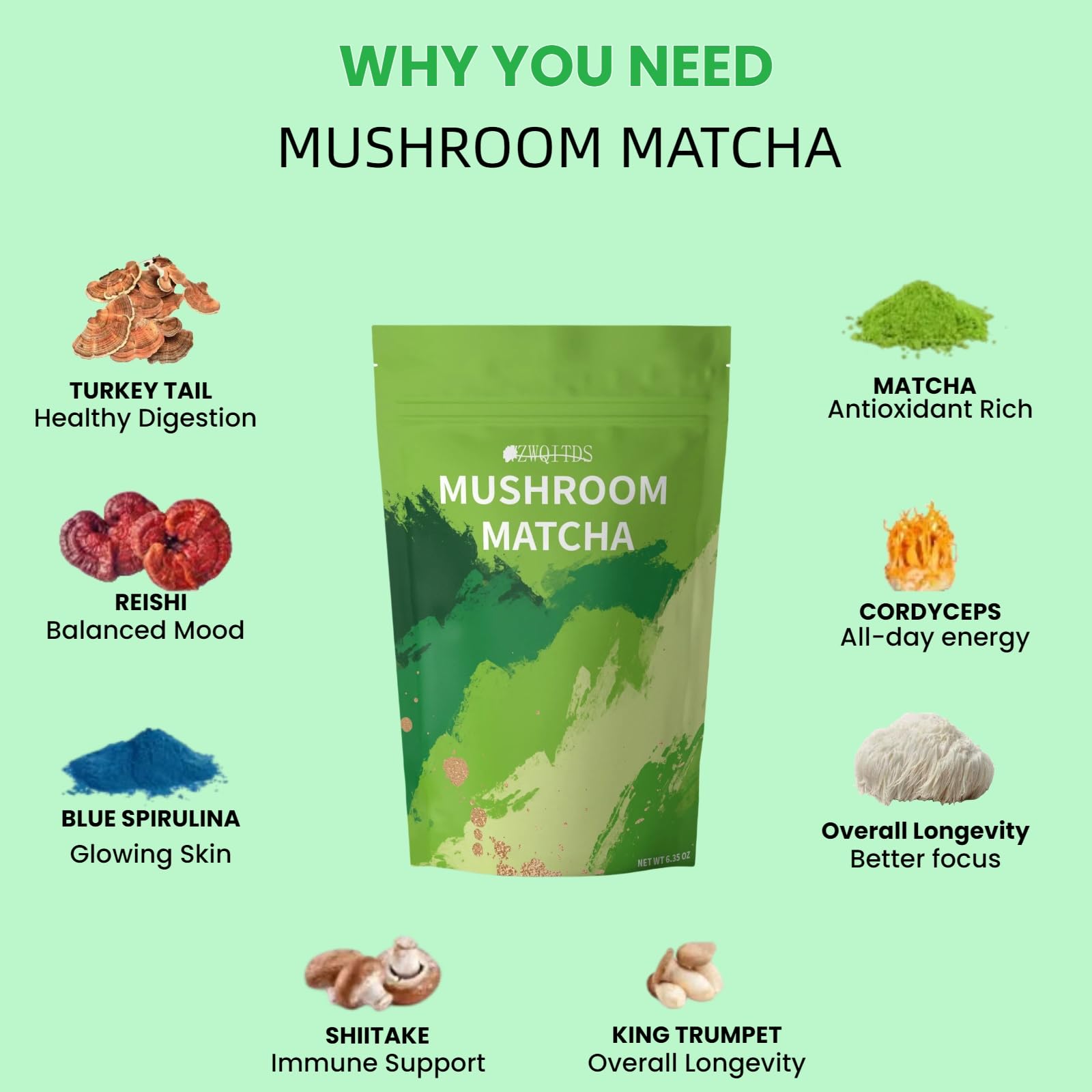 Premium Ceremonial-Grade Japanese Matcha Latte Powder with Mushroom & Collagen | Energy Booster for Focus, Digestion & Immunity Support | 1 tbsp (6g) x 30 Servings | Perfect for Morning Routine, Workout Recovery & Wellness Rituals