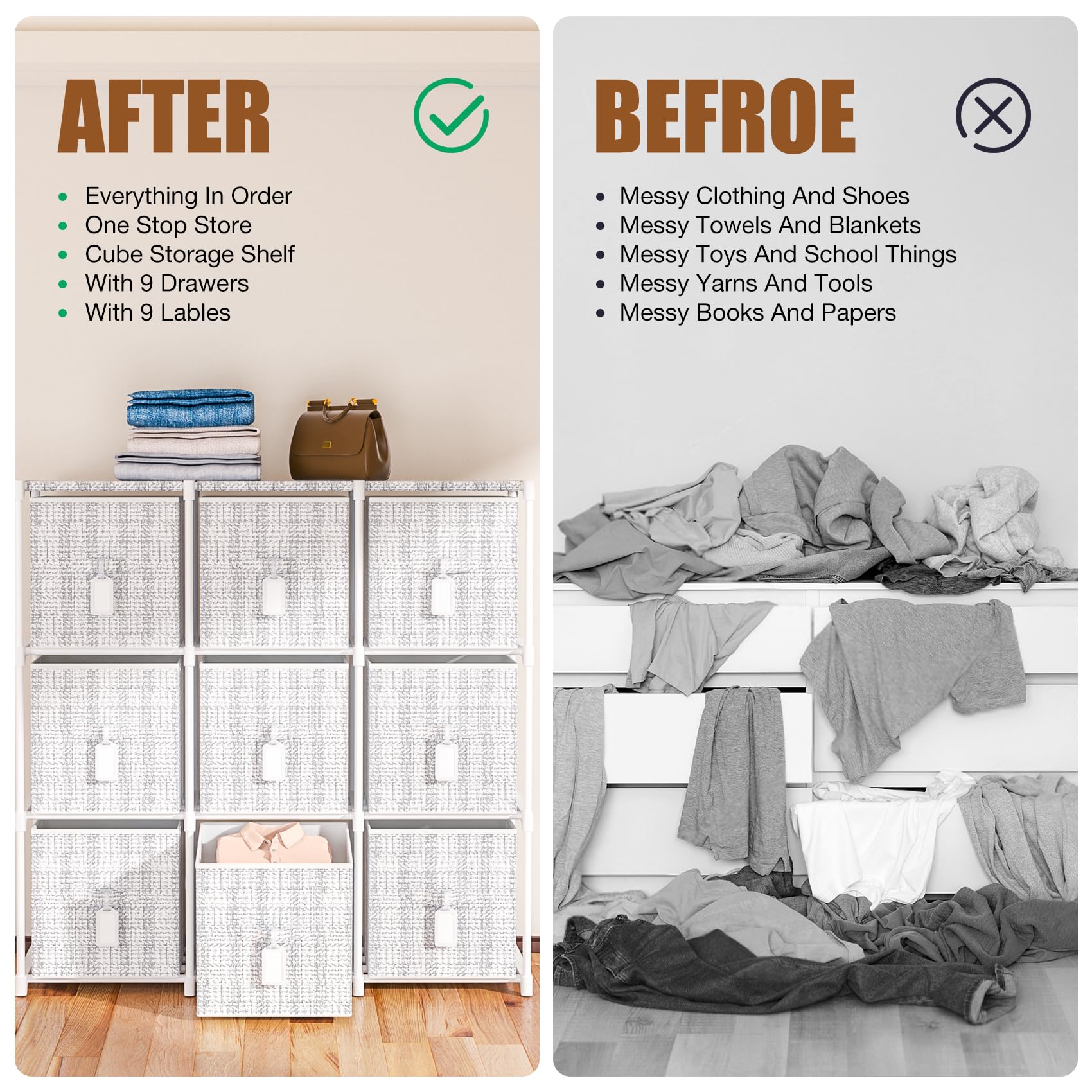 9 Cube Storage Organizer with Printed Drawers - White Toy Cubby Shelf for Kids Room, Closet, Living Room & Dorm - Perfect for Organizing Toys, Books & Home Decor