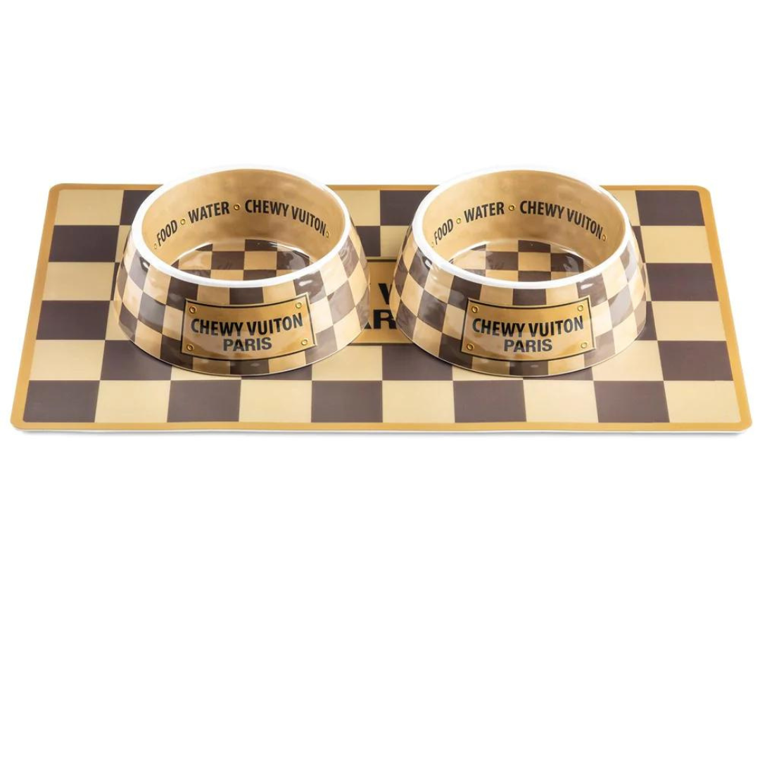 Checker Chewy Vuiton Dog Bowl - 3 Sizes for Small, Medium & Large Dogs | Non-Slip Pet Food & Water Dish for Home, Travel & Outdoor Use