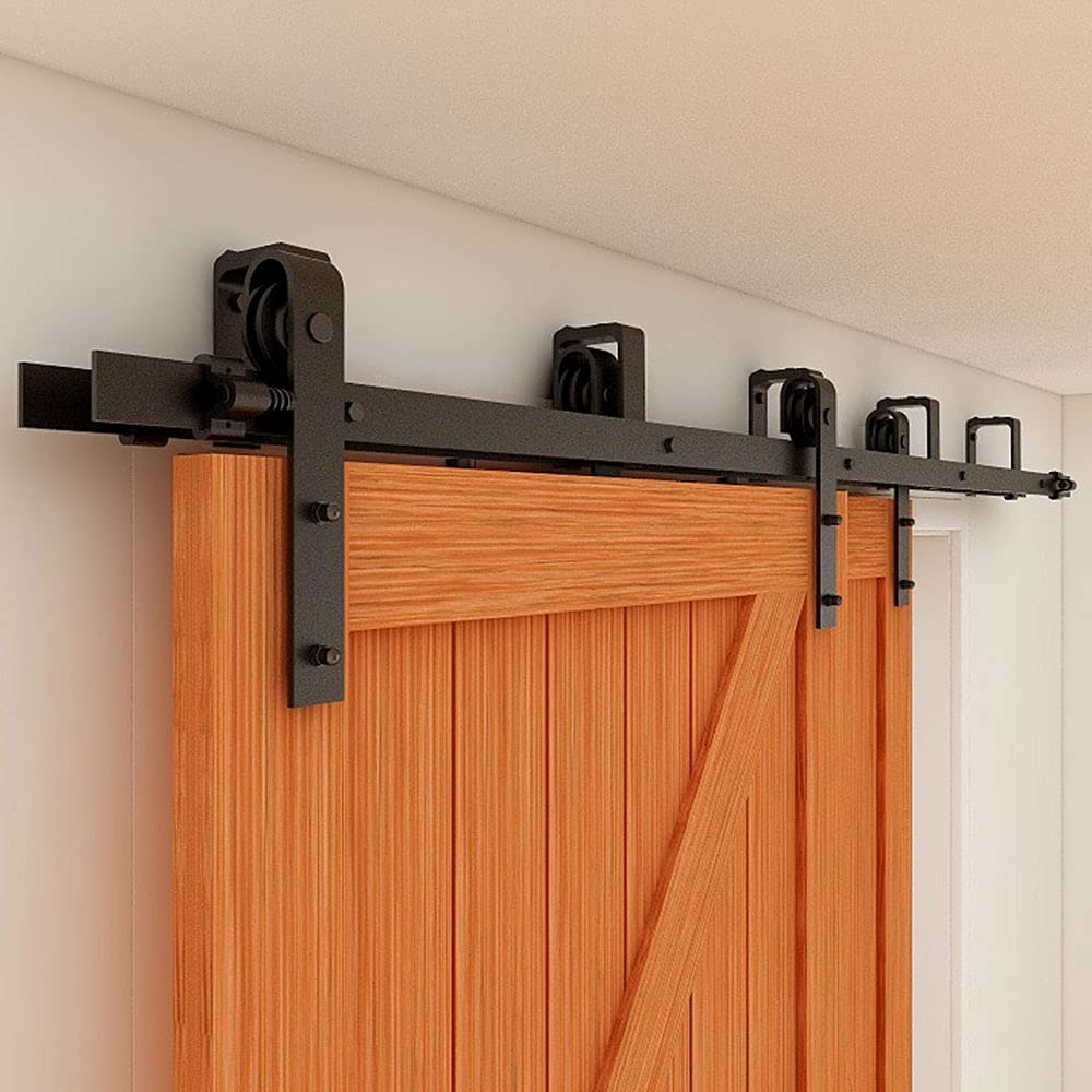 12FT Bypass Sliding Barn Door Hardware Kit for Double Wooden Doors - Smooth Quiet Operation with J-Shape Hangers - Easy DIY Installation - Perfect for Bedrooms, Closets & Farmhouse Style Homes
