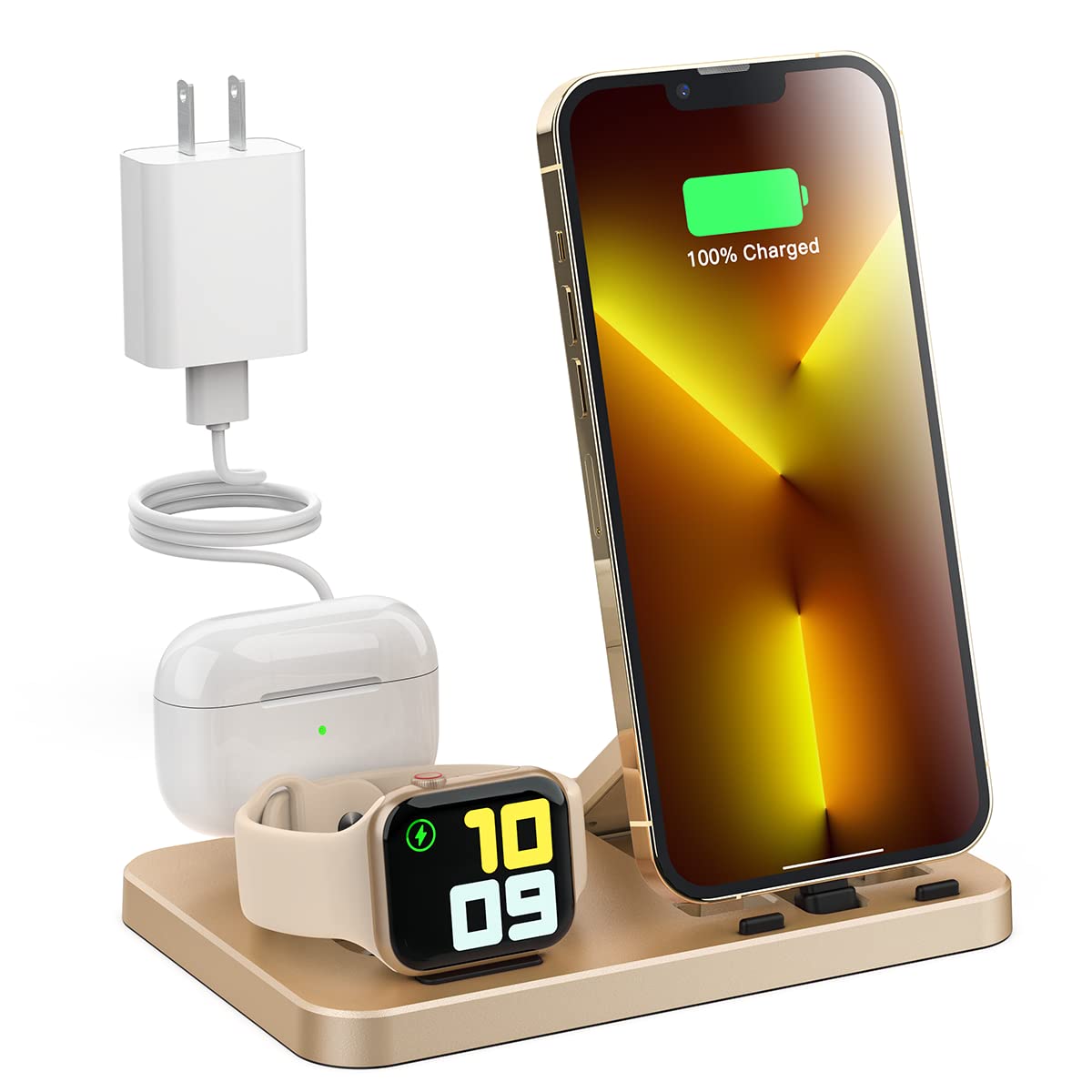 MODOCH 3-in-1 Foldable Travel Charging Station for iPhone, AirPods & Apple Watch - Portable Charger Dock with Adapter (Copper) | Perfect for Home, Office & Travel Use