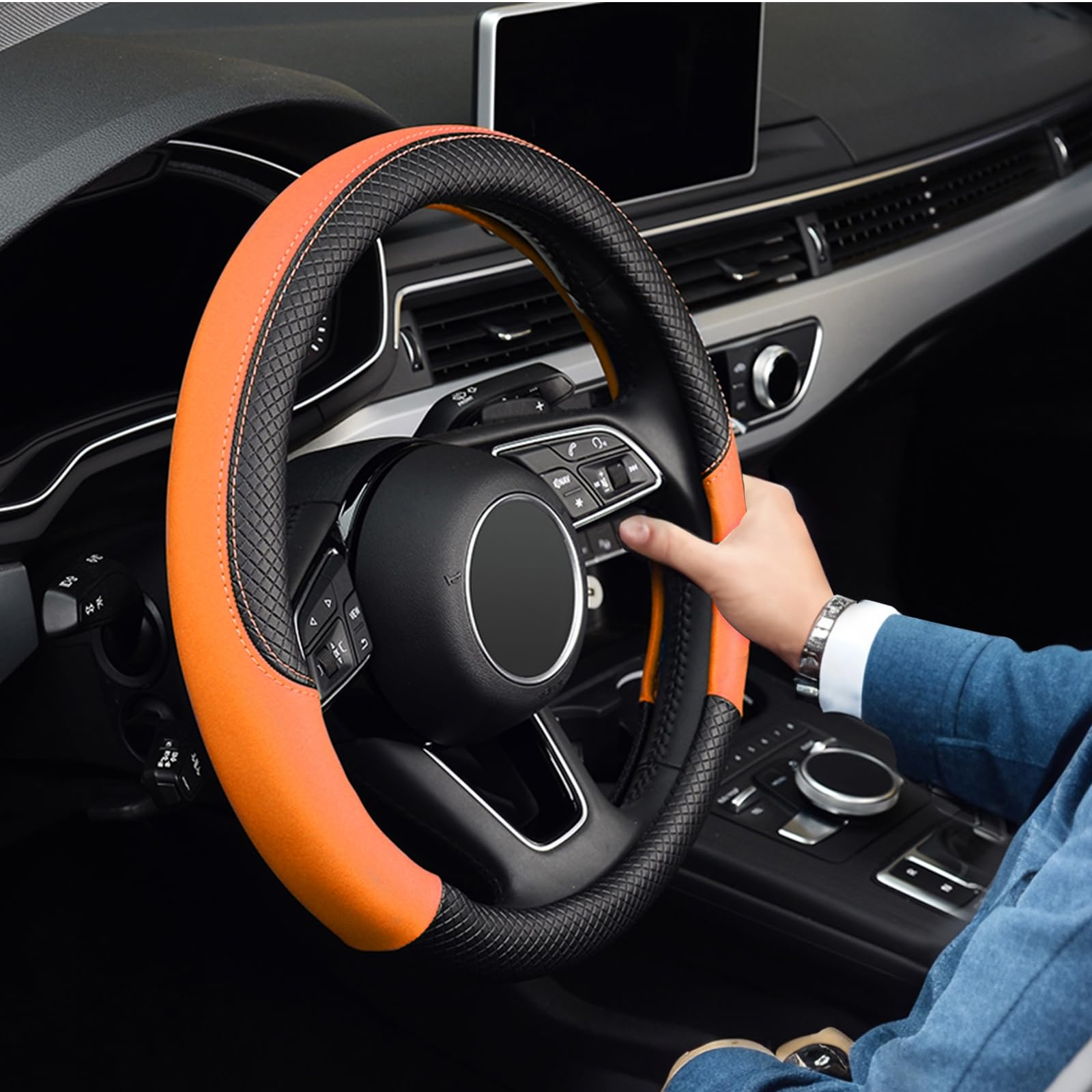 LABBYWAY Universal 15 Inch Microfiber Leather Steering Wheel Cover - Non-Slip Grip, Durable Car Wheel Protector (Orange) | Perfect for Daily Commuting & Long Road Trips