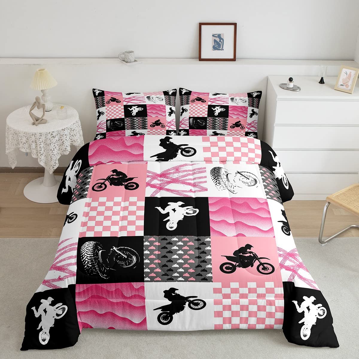 Motocross Comforter Set Full Size - Dirt Bike Bedding Collection for Kids & Teens - Motorcycle Rider Themed Down Comforter in Buffalo Plaid (Pink, Grey, Black) - Perfect for Extreme Sports Fans' Bedrooms & Dorm Rooms