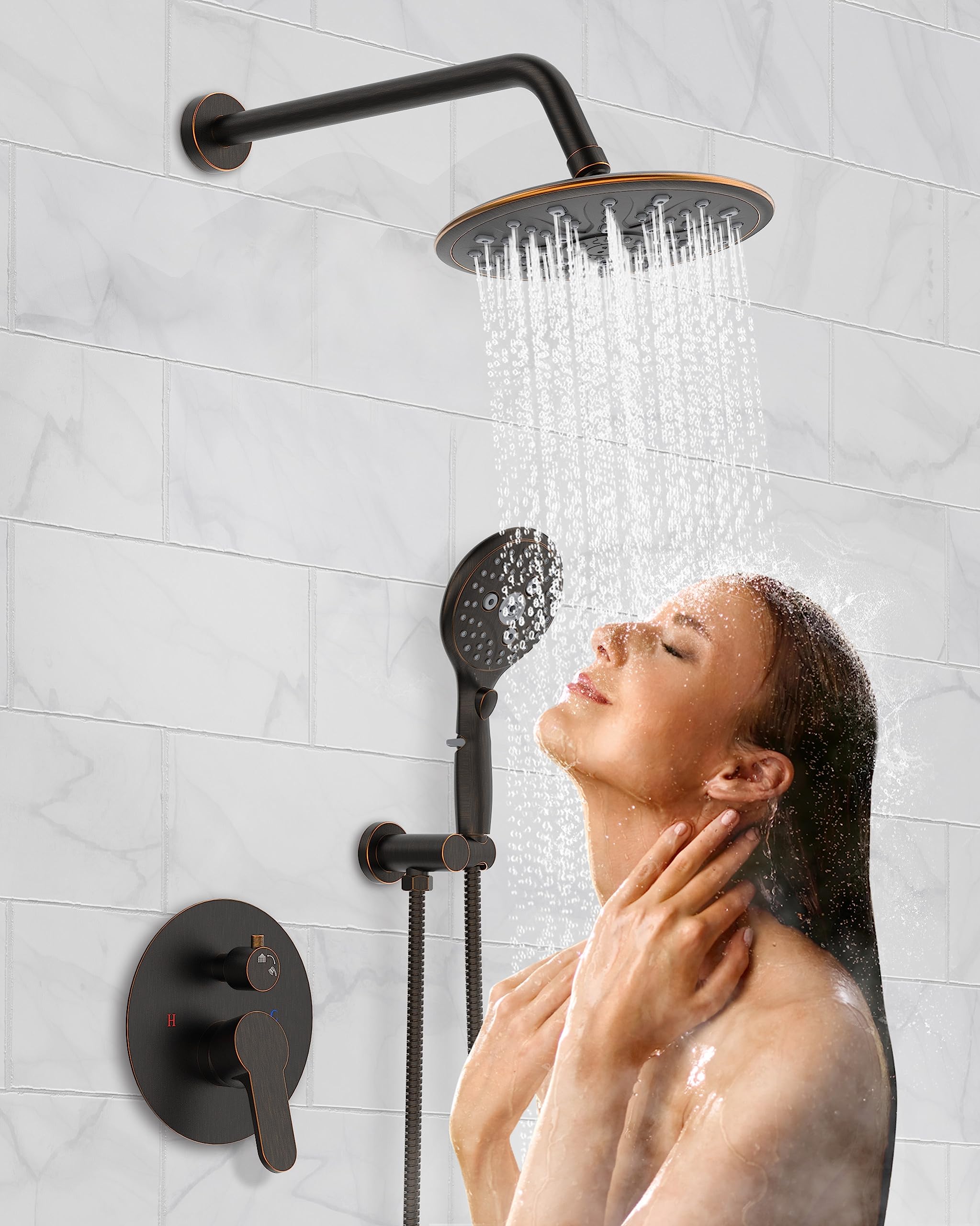 Oil Rubbed Bronze Shower System with Rain Shower Head & 7-Settings Handheld Spray - Complete Faucet Set with Rough-in Valve & Trim Kit - Perfect for Bathroom Renovation & Luxury Spa Experience