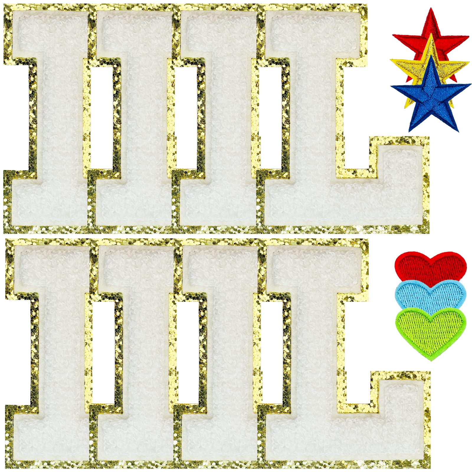 Iron On Letters for Clothing - 8PCS Chenille Varsity Letter Patches with Glitter & Adhesive Backing - Alphabet Sewing Appliques (White L) - Perfect for DIY Jackets, Hats, Bags & School Spirit Gear
