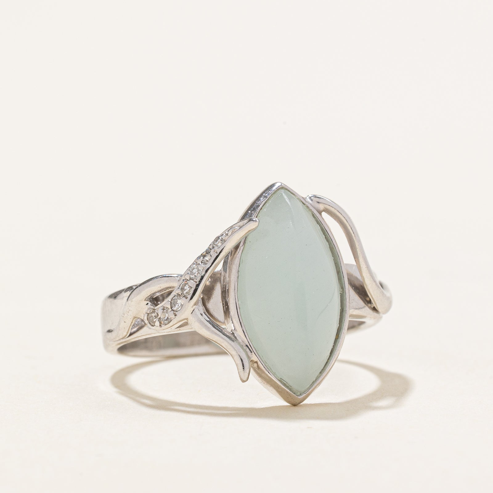 18K Marquise Cabochon Chalcedony & Diamond Ring | 0.02ctw Diamond | 3.00ct Chalcedony | Size 6.75 | Elegant Wedding, Anniversary & Engagement Jewelry Gift for Women