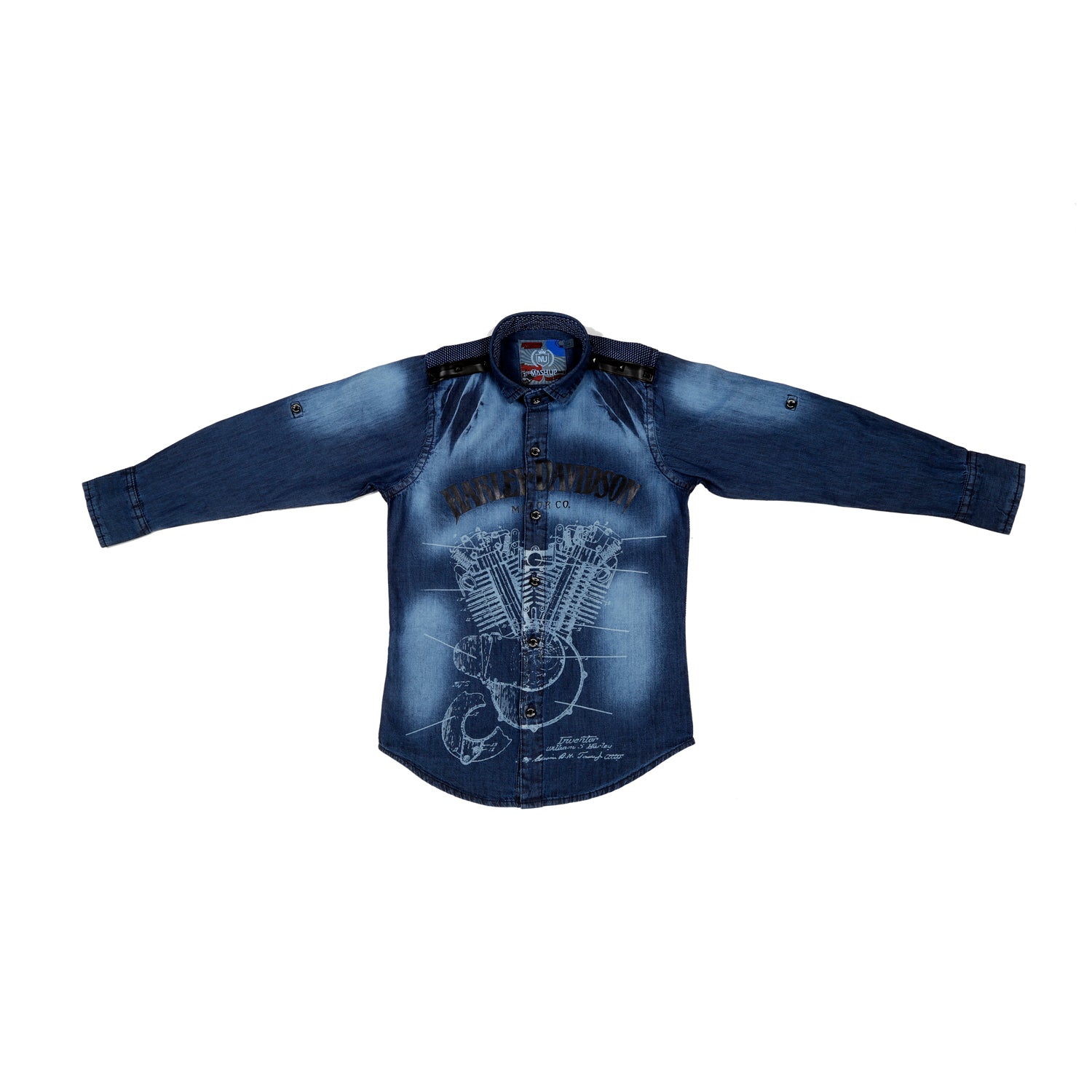 MashUp Print Indigo Denim Shirt for Men & Women - Vintage Washed Cotton Button Down Shirt for Casual Wear, Street Style & Layering