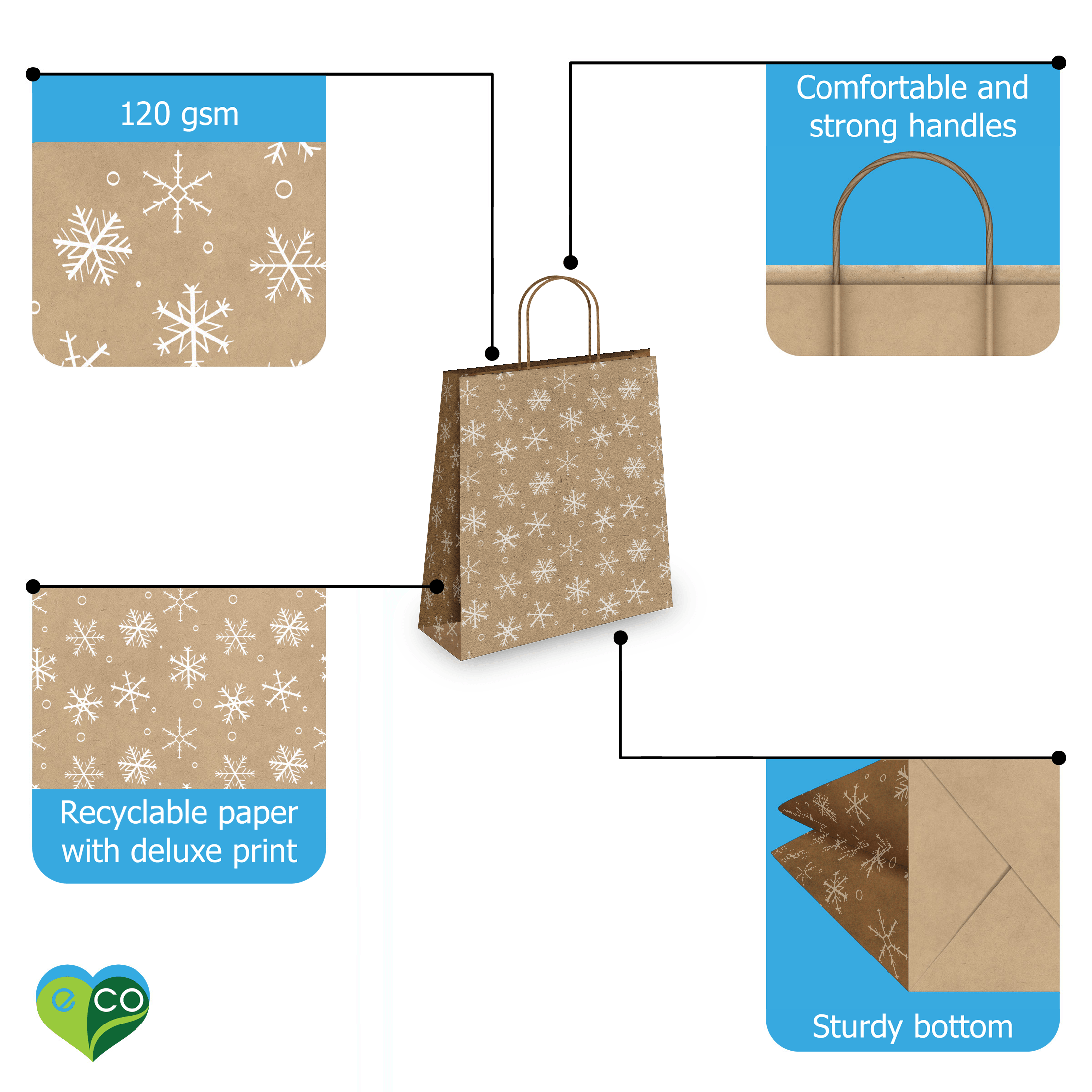 Eco-Friendly Snowflake Kraft Gift Bags - Assorted Sizes (Small/Medium/Large) - Perfect for Christmas Presents, Party Favors & Holiday Wrapping