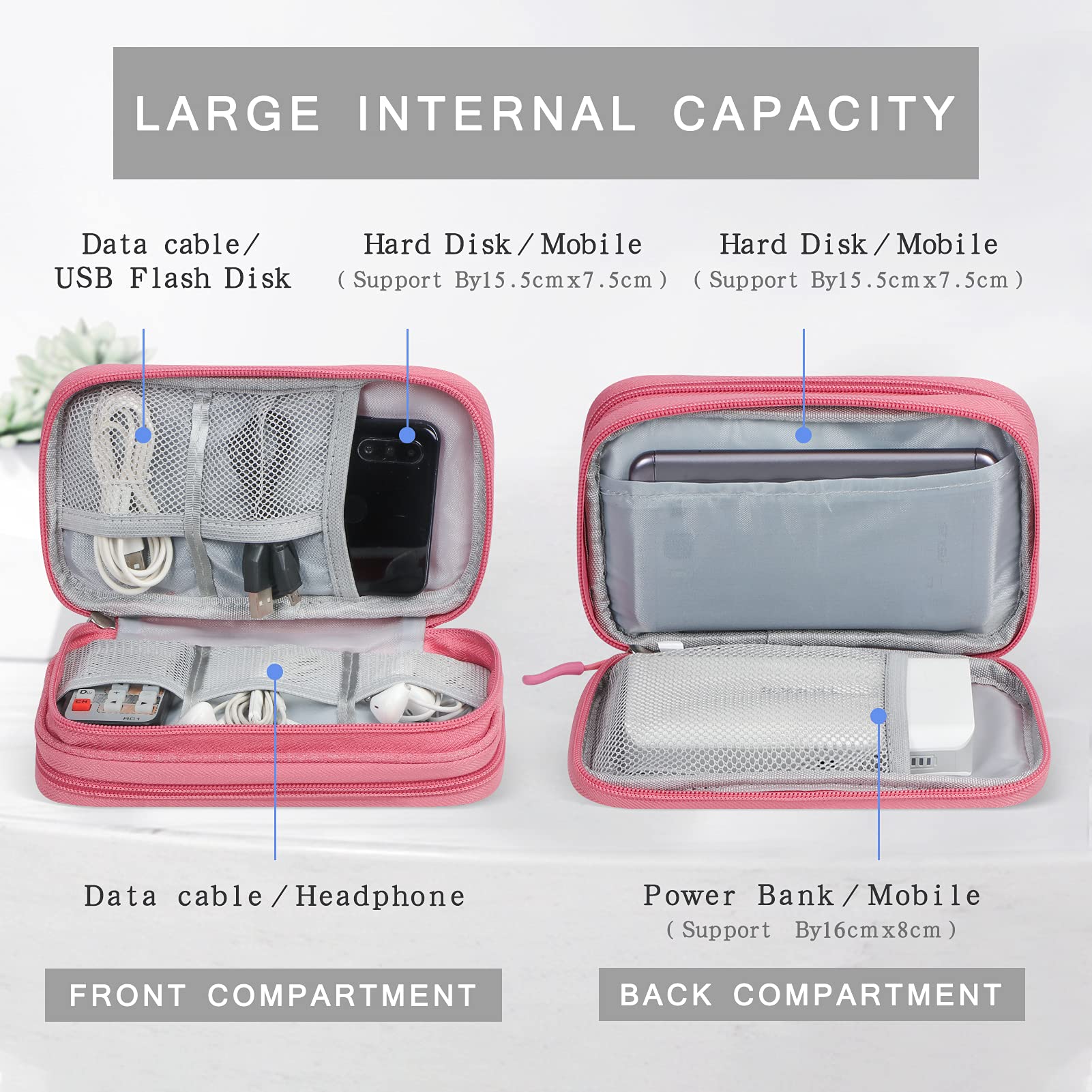 Skycase Waterproof Electronic Organizer Travel Case - Double Layer Cable & Accessory Storage Pouch for Chargers, Cords, Small Tech Items (Pink) | Perfect for Travel, Office & Home Organization