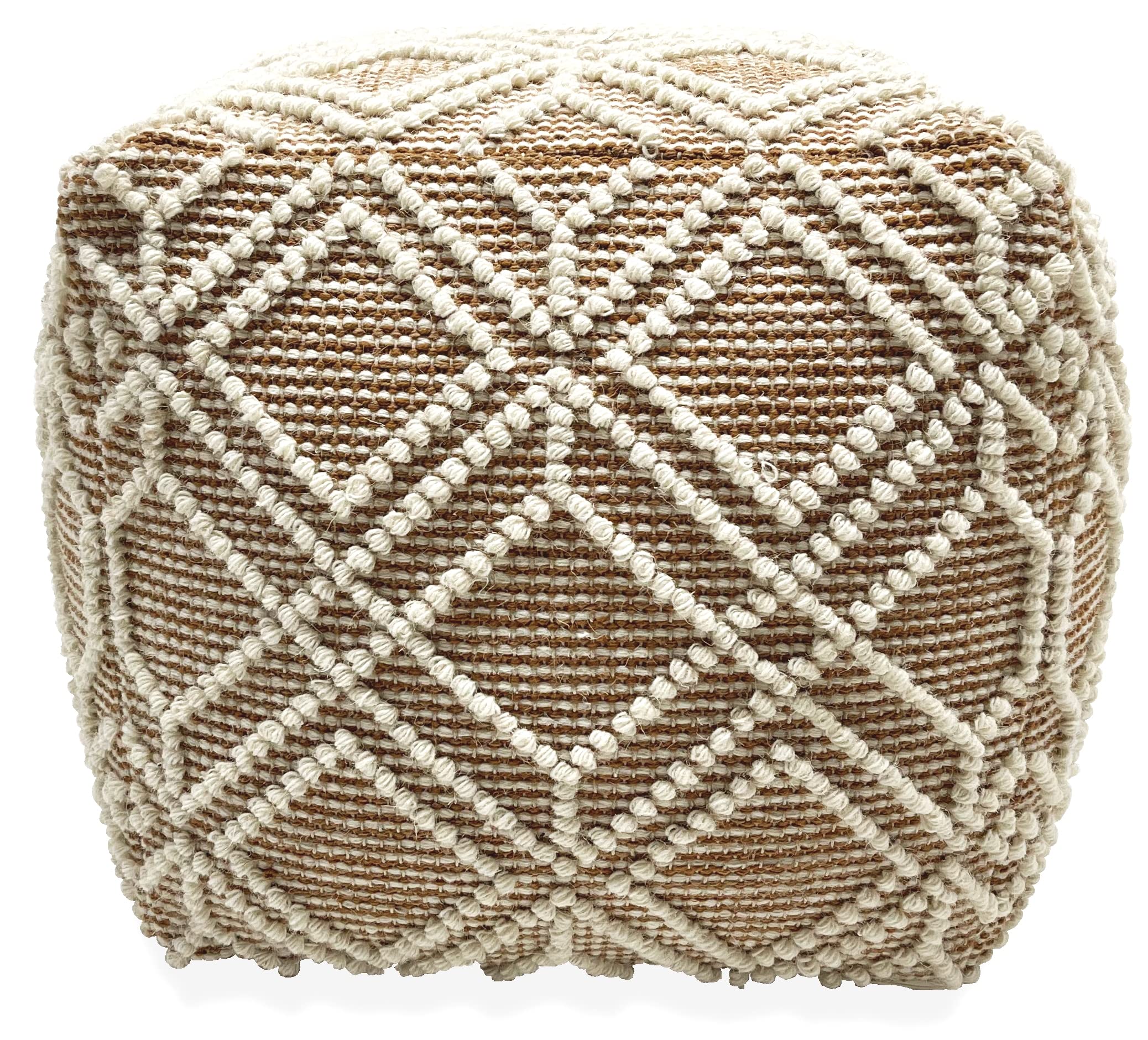 Handmade ADDO Wool & Cotton Natural Fiber Pouf Ottoman - Easy Maintenance Footstool for Living Room, Bedroom, Family Room - Tan - Perfect for Relaxing, Reading & Home Decor
