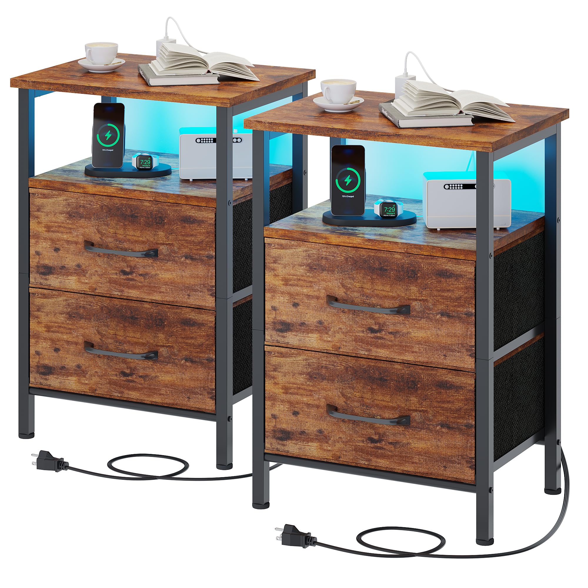 2-Piece Nightstand Set with USB Charging Station & LED Lights - Rustic Brown Bedside Tables with 2 Fabric Drawers & Open Shelf - Perfect for Bedroom, Living Room, or Dorm Organization & Storage