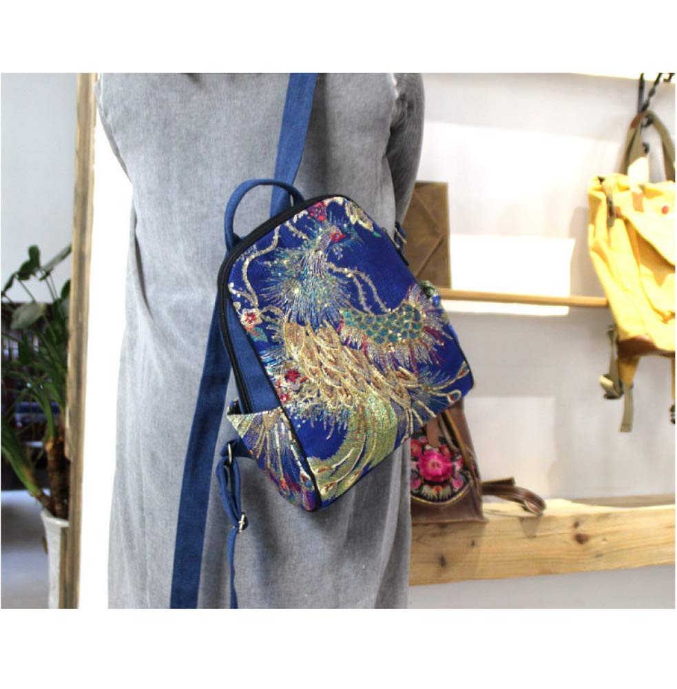 Stylish Women's Peacock Sequin Embroidered Canvas Backpack - Large Ethnic Boho Travel Bag (33×26×11cm) for College, Work & Festival Fashion Accessory