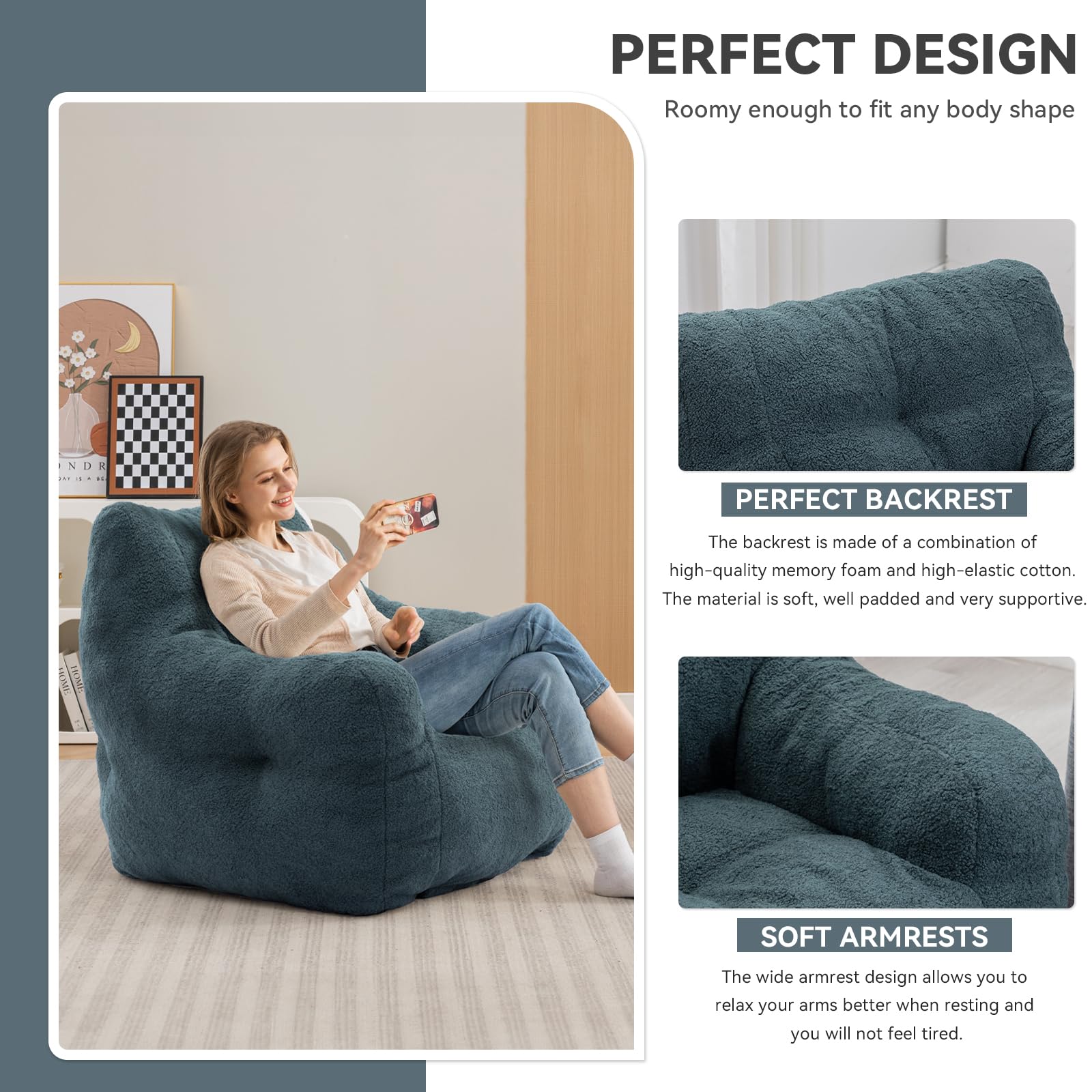 FOXHUNTER Memory Foam Bean Bag Chair for Adults - Oversized Tufted Fluffy Sofa with Soft Stuffed Filling - Comfy Lazy Chair for Dorm, Living Room & Apartment (Teddy Green) - Perfect for Lounging, Gaming & Relaxing