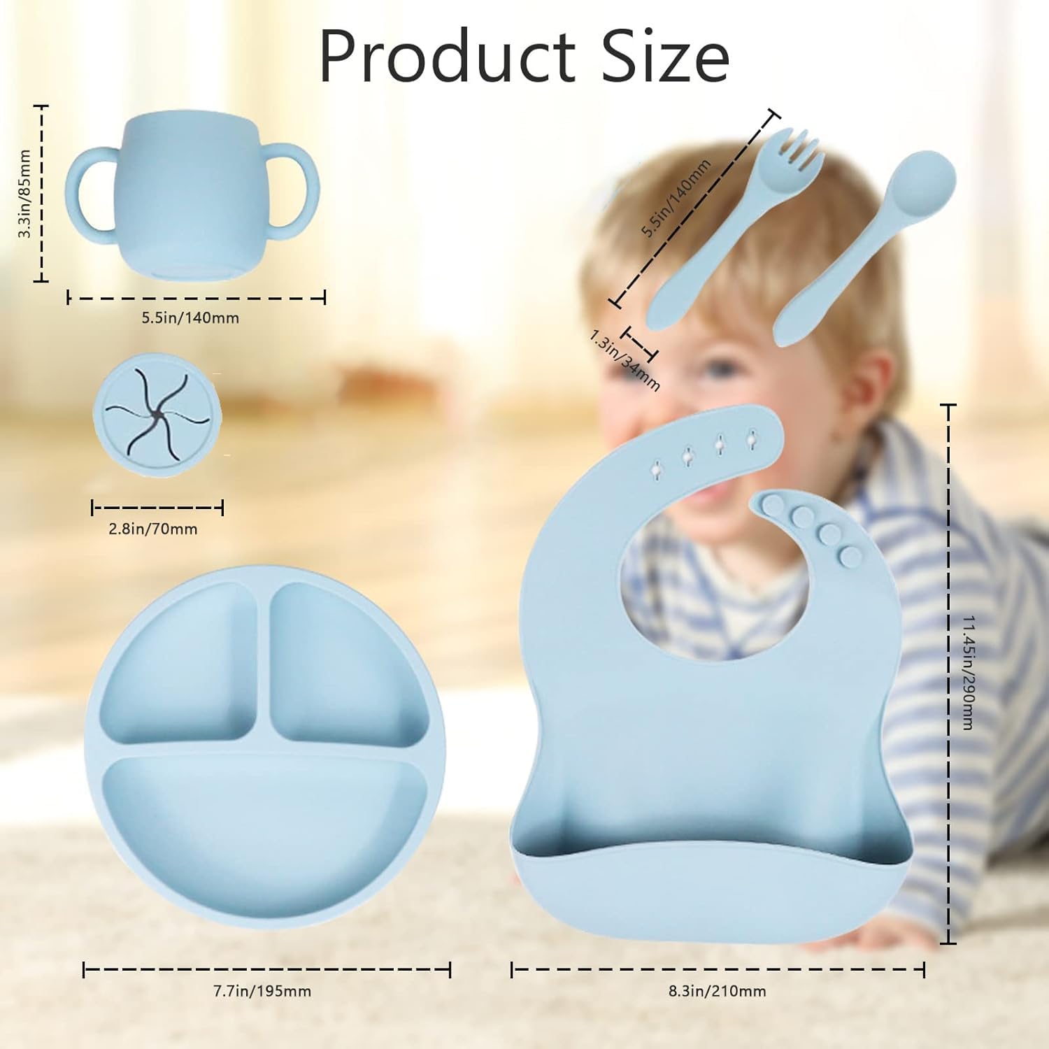 Personalized Silicone Baby Feeding Set - Custom Snack Cup with Lid, Adjustable Silicone Bibs, Soft Spoon & Fork - Ideal for Baby Weaning, Birthday Gifts & Travel - BPA-Free Divided Tableware Set for Toddlers 6-24 Months
