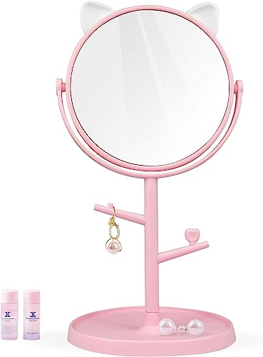 SIYANSHU 360° Rotating HD Makeup Mirror with Stand - Portable Round Vanity Mirror with Magnifying & Folding Design for Travel, Office, Desk, Vanity, Bedroom & Camping | Cute Cat Ear Shape (Pink) - Perfect for Home Makeup, Traveling & On-the-Go Touch Ups