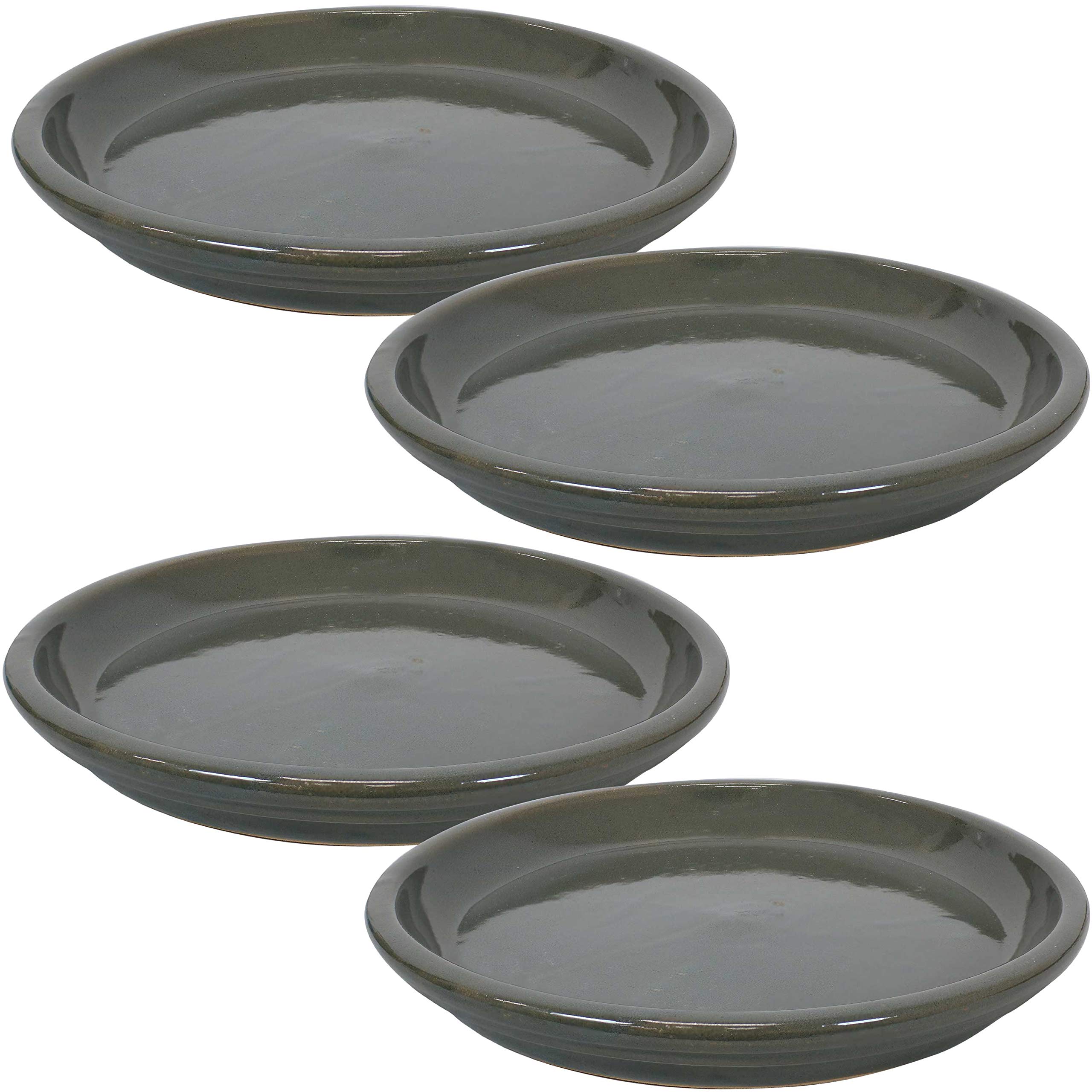 Sunnydaze 12-Inch Ceramic Outdoor Flower Pot Saucers Set of 4 - UV & Frost Resistant, Gray Glazed Finish - Perfect for Garden, Patio & Deck Plant Drainage Protection