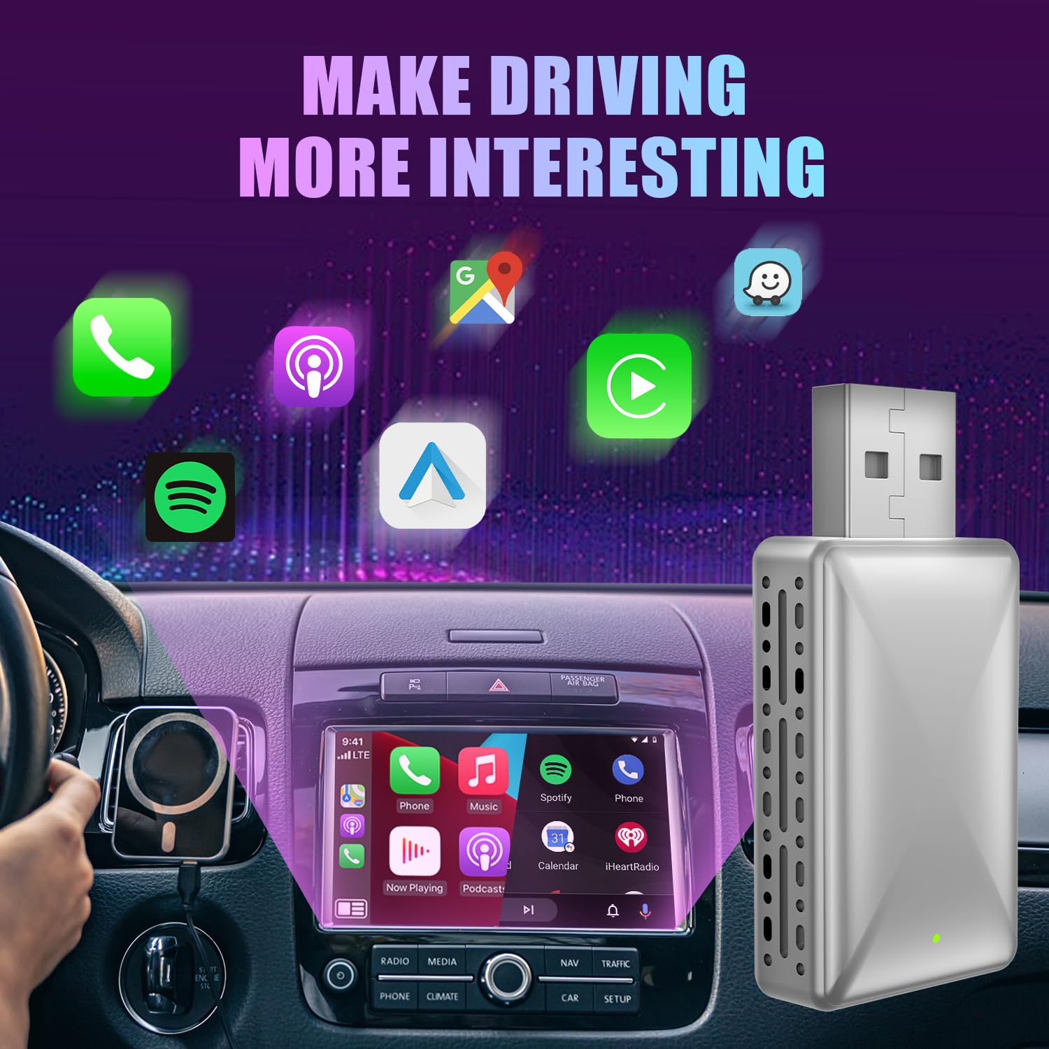 2 in 1 Wireless CarPlay & Android Auto Adapter - Convert Wired to Wireless for iPhone iOS 10+/Android 11+ - Compatible with OEM Cars 2016+ (Silver Gray) - Perfect for Hands-Free Driving & Seamless Music Streaming