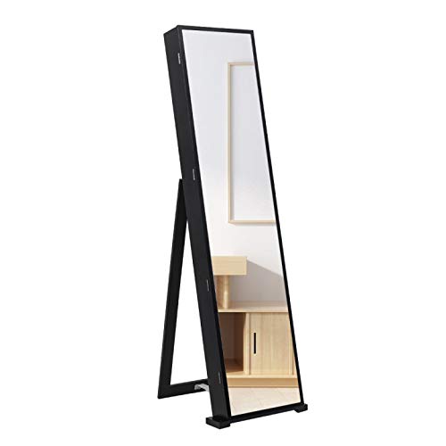 MengK 79 Blue LED Jewelry Cabinet with Long Mirror - Upright Jewelry Storage Organizer for Necklaces, Rings & Earrings (Black) | Perfect for Bedroom, Closet & Dressing Room Organization