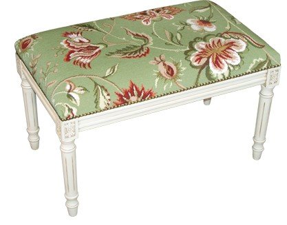 Jacobean Green Needlepoint Bench with White Finish - Elegant Upholstered Seat for Living Room, Bedroom, or Entryway Decor