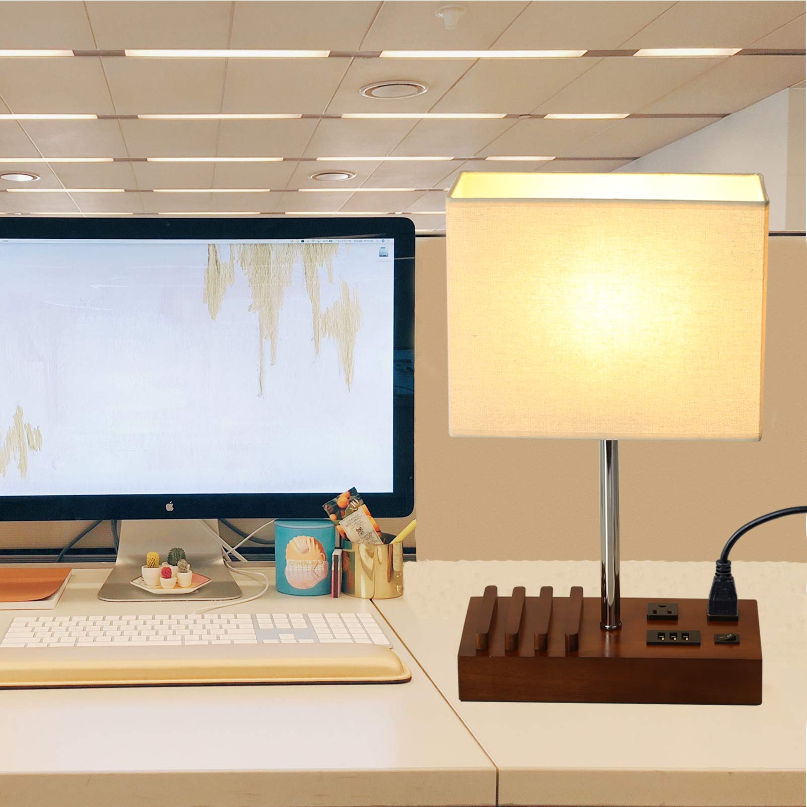 Briever USB Table Lamp with 2 AC Outlets & 3 USB Ports - Modern Multi-Functional Bedside Desk Lamp with Wooden Phone Stand - Perfect for Bedroom, Guest Room, Office & Study Lighting
