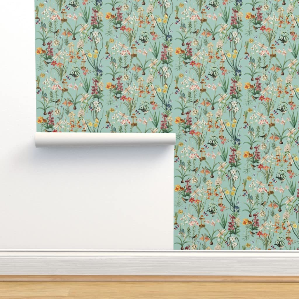Removable Wallpaper Swatch - Vintage Floral Dragonfly & Bird Design, Pre-Pasted Peel & Stick Wallpaper for Bedroom, Nursery, Living Room Decor | Spoonflower