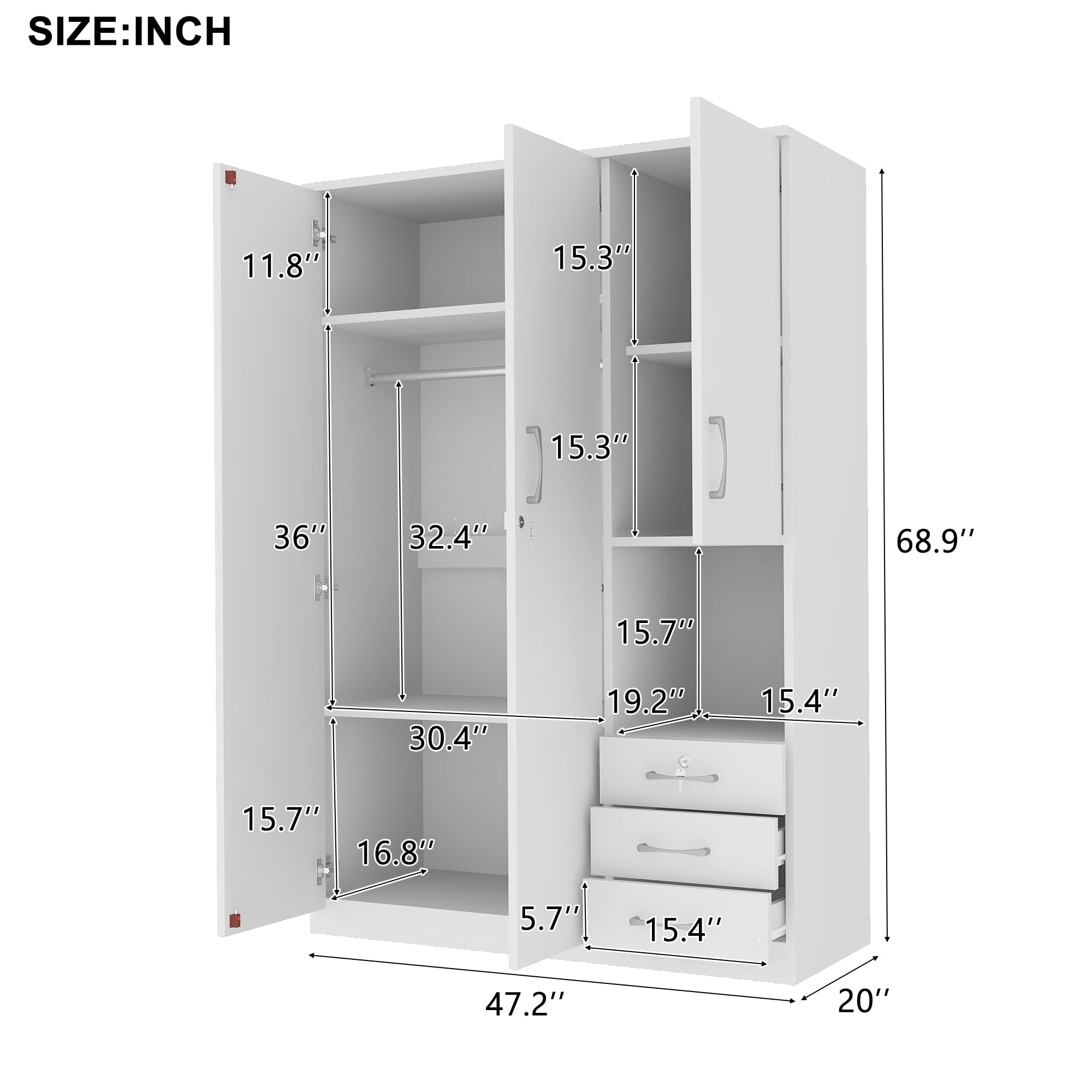 3-Door Wooden Wardrobe Armoire with Shelves, Drawers & Hanging Rod - Modern Bedroom Closet Organizer Storage Cabinet in White - Perfect for Master Bedroom, Guest Room or Dorm Organization