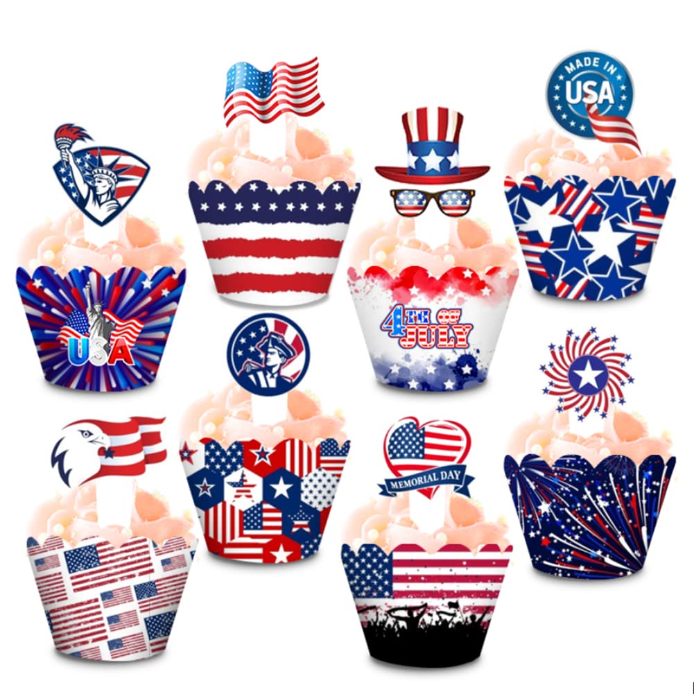 48pcs Patriotic American Flag Cupcake Toppers & Wrappers - USA Independence Day Party Decorations for 4th of July, Memorial Day & Veterans Day Celebrations