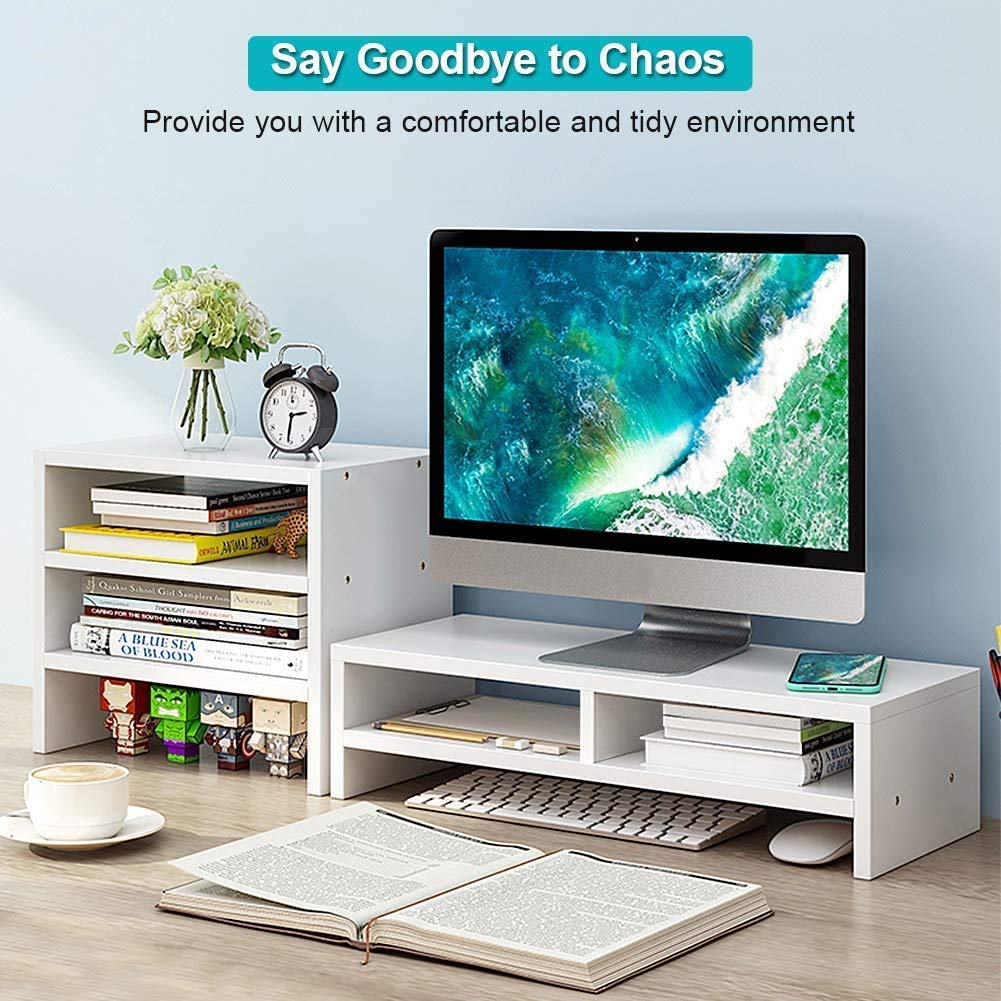 GOTOTOP White Wooden Laptop Monitor Riser Stand with 3-Layer Storage Shelf - Ergonomic Desktop Organizer for Home Office, Gaming Setup, and Workspace Efficiency