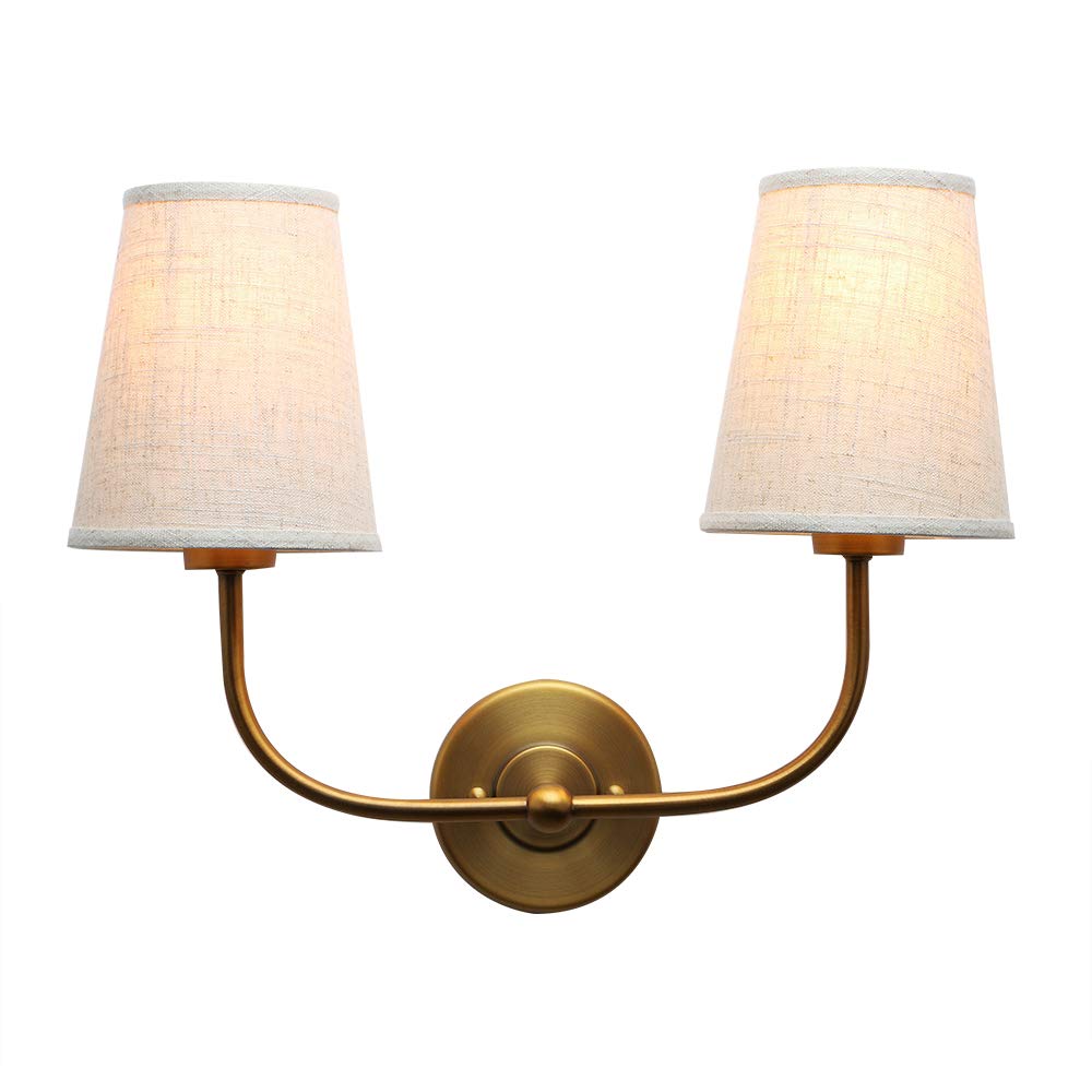 Vintage Double Sconce Wall Light - Antique 2-Light Fixture with Flared Funnel Linen Beige Fabric Shade for Bedroom, Living Room, or Hallway Lighting