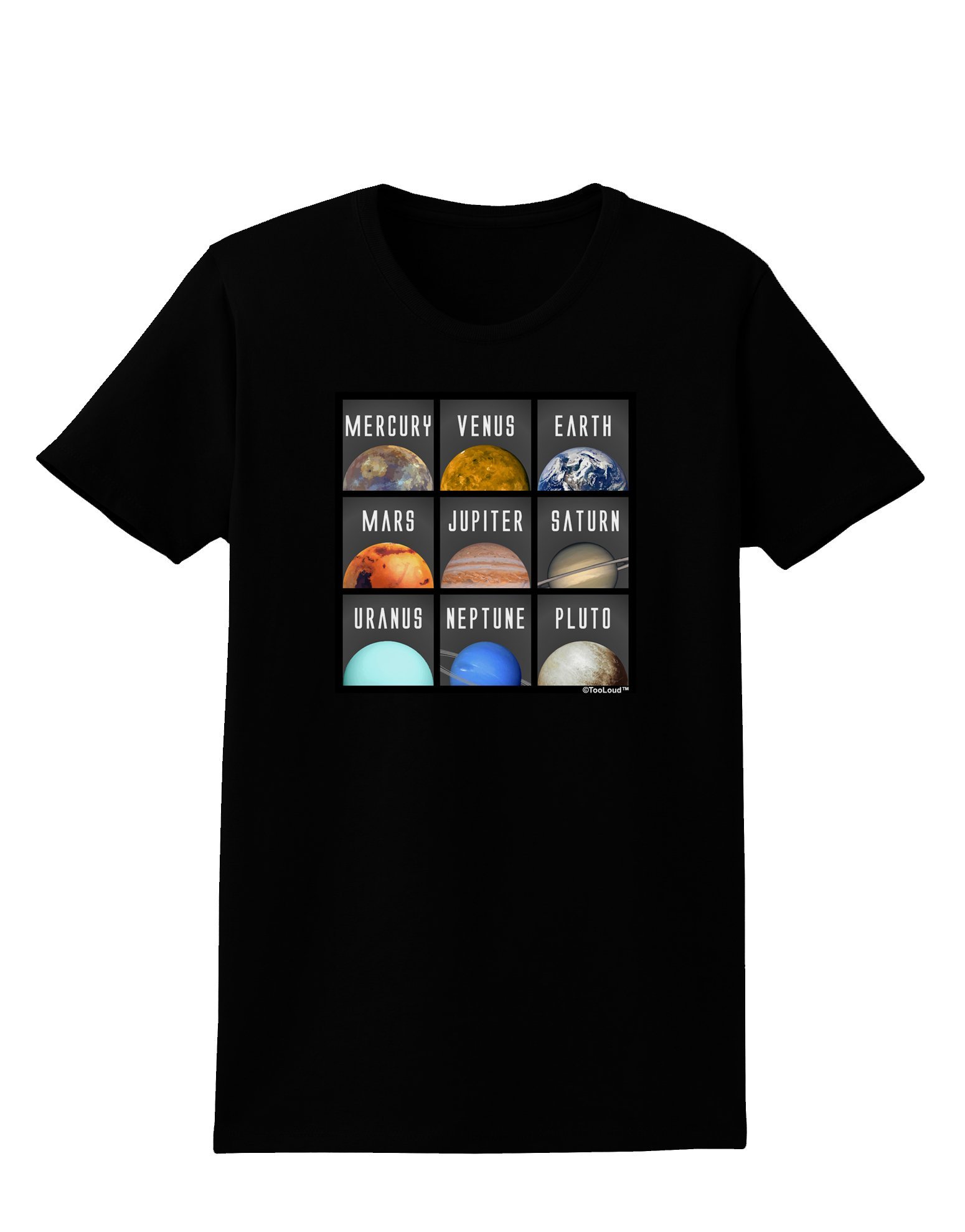 TooLoud Solar System Squares Dark Women's T-Shirt - Stylish Space Graphic Tee for Casual Wear, Outfits & Gifts