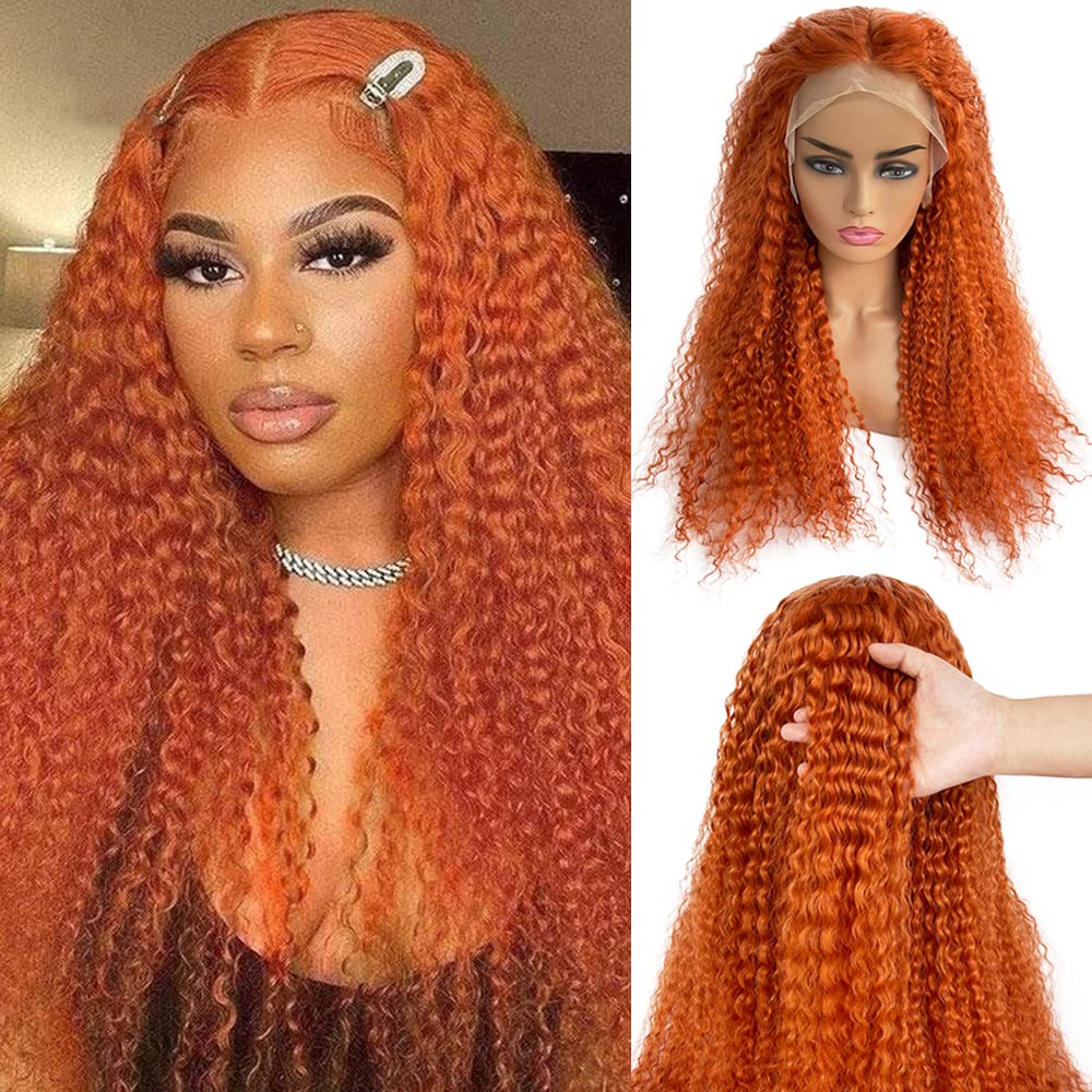 20 Inch Deep Wave Human Hair Wigs Ginger - 4 Inch Deep Parting Lace Front Wig with Pre Plucked Hairline & Baby Hair - 150% Density Bleached Knots Colored Curly Real Human Hair Lace Wig for Women - Perfect for Daily Wear, Cosplay, Parties & Special Occasions