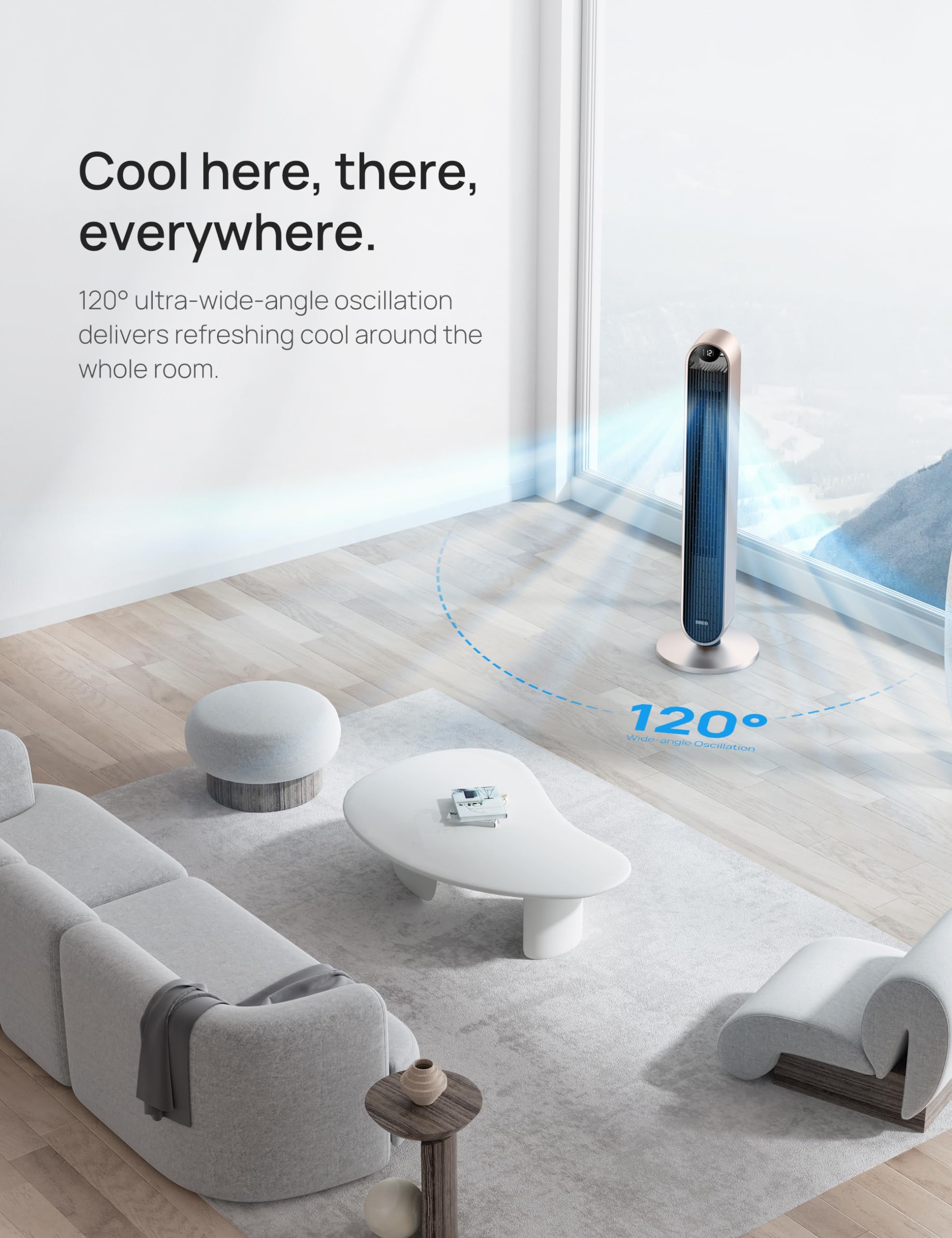 Dreo Smart Tower Fan 42 Inch with Voice Control, 120° Oscillation - Works with Alexa & Google Assistant, 25dB Ultra Quiet DC Bladeless Fan for Bedroom, Office & Home - 12 Speed Settings, Remote & App Control - Perfect for Cooling, Air Circulation & White Noise Sleep Aid