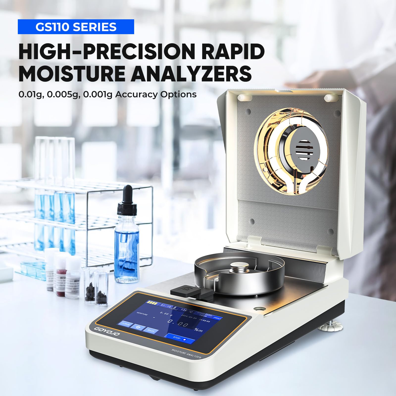 High-Precision Halogen Moisture Analyzer 110V~120V - Rapid Heating & Drying (40-160°C) with 5mg-110g Capacity for Food, Plants, Construction Materials | Ideal for Lab Testing, Quality Control & Industrial Moisture Measurement