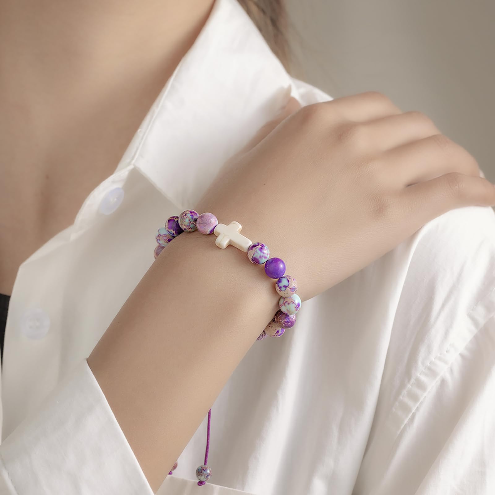 Easter Basket Stuffers for Girls - Cross Charm Beaded Bracelet with Natural Stones, Inspirational Christian Jewelry Gift for Women & Teens - Perfect for Easter Gifts, Baptism, Confirmation & Daily Wear