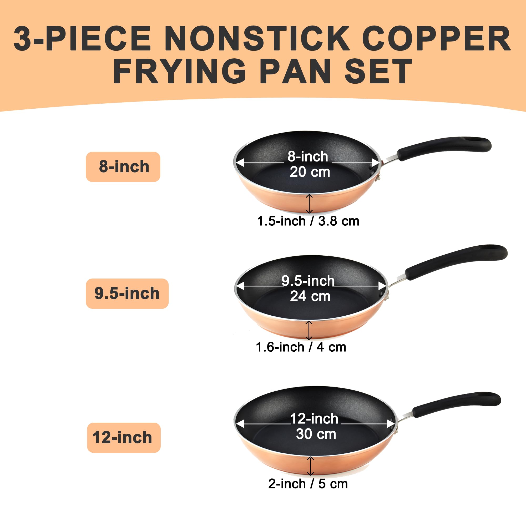 Cook N Home Nonstick Frying Pan Skillet Set - 3-Piece (8, 9.5, 12 Inch) - Induction Compatible Copper Sauté Pan, Omelet & Egg Fry Pan for Professional Cooking & Home Kitchen Use