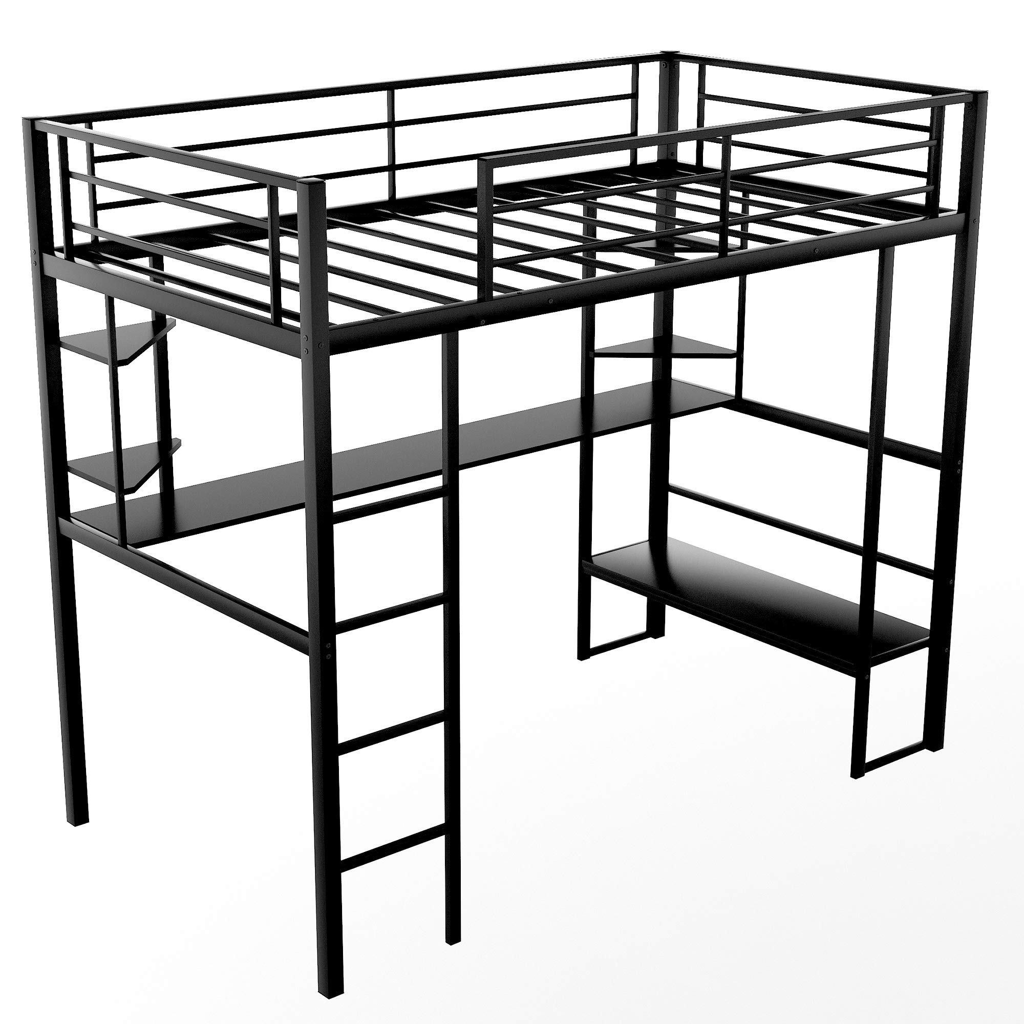 Full Metal Loft Bed with Long Desk, Shelves & Safety Guardrails - Space Saving Twin/Queen Size Bed Frame with Ladder, No Box Spring Required - Perfect for Small Apartments, Dorms & Kids Rooms