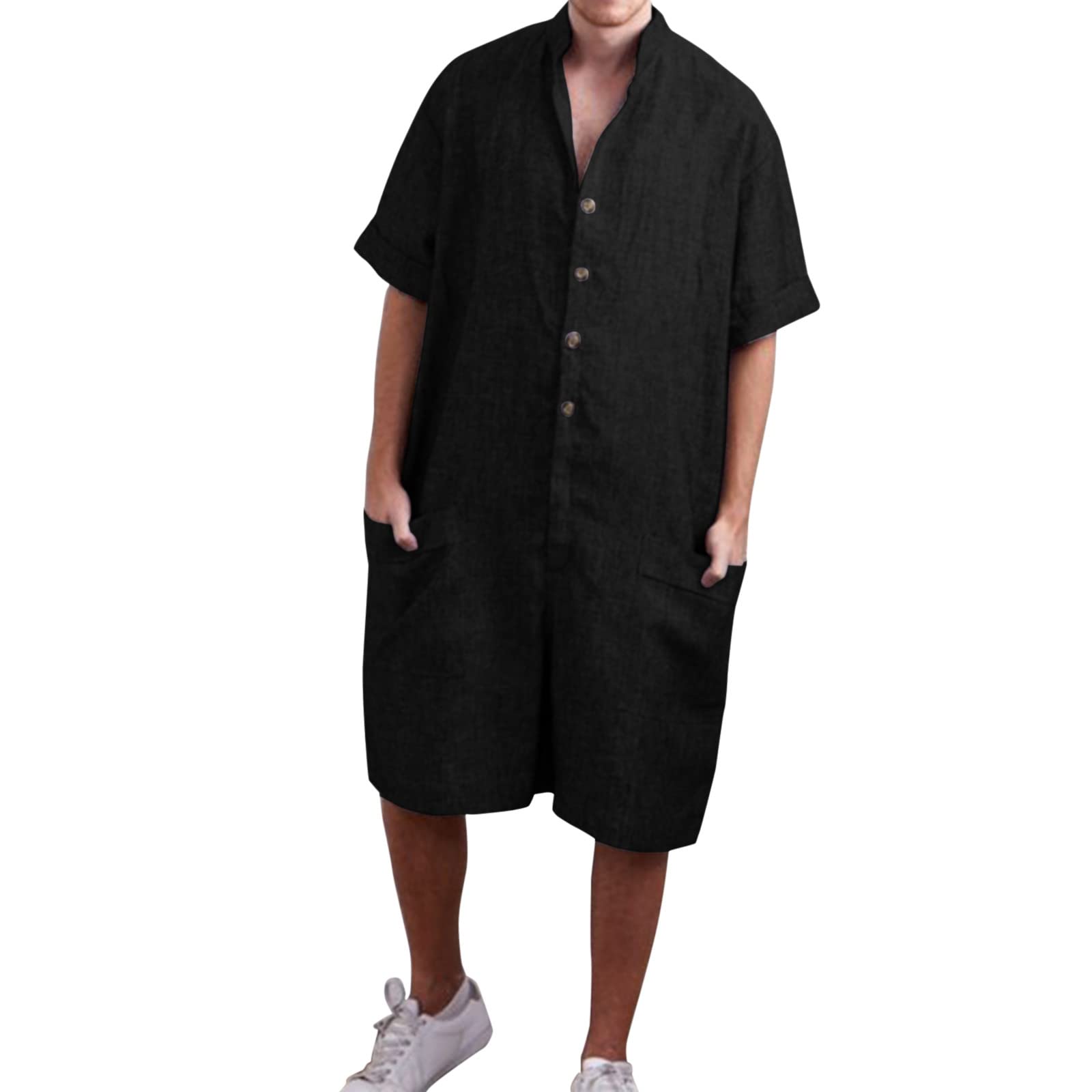 Men's Solid Color Stand Collar Jumpsuit - Short Sleeve Casual Jumpsuit for Spring & Summer | Lounge, Workout & Outdoor Activities (Black, XXXL)