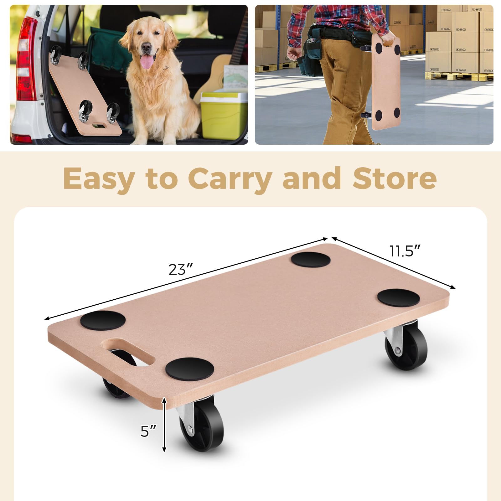 ERGOMASTER Heavy Duty 4-Wheel Furniture Moving Dolly - 500 Lbs Capacity Wood Rolling Platform, Multi-Functional Mover for Couch, Washing Machine & Refrigerator (Set of 4, 23